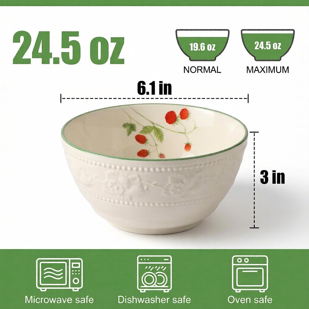 Soup Bowls Set of 6, 24.5oz Ceramic Cereal Bowls, 6 inch Embossed Strawberry Vine for Oatmeal Salad Rice Pasta, Microwave Dishwasher Safe, Vintage Farmhouse Kitchen Decor, Housewarming Gift