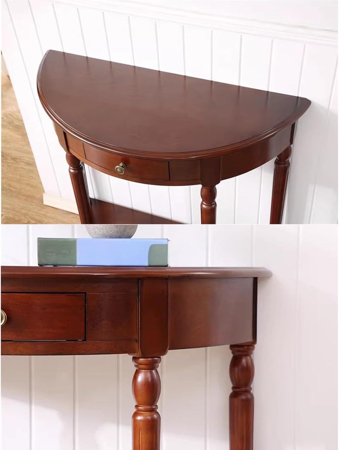 Massivholz Konsolentisch mit Schubladen & Ablage, 2-stöckiger Halbrund-Eingangstisch, Eleganter Vintage Sofatisch für Wohnzimmermöbel