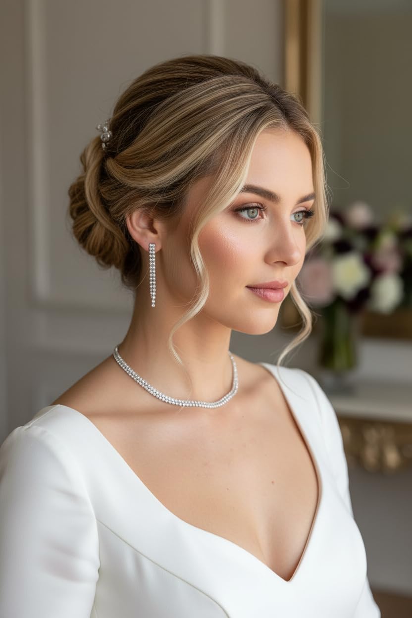 Schmuckset Damen Silber – Strass Choker Collier Halskette & Ohrringe – Elegantes Schmuck Set für Hochzeit Abiball Jugendweihe Kommunion Ball