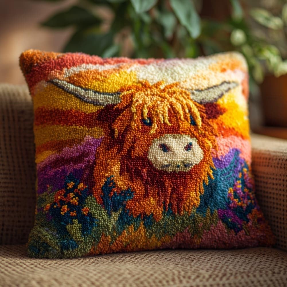 Taxpy Latch Hook Cushion Kits Highland Cattle Pillowcase Kits Embroidery Kit 17X17 Inch DIY Needlework Pillow Cover Sofa Cushion Rug Making