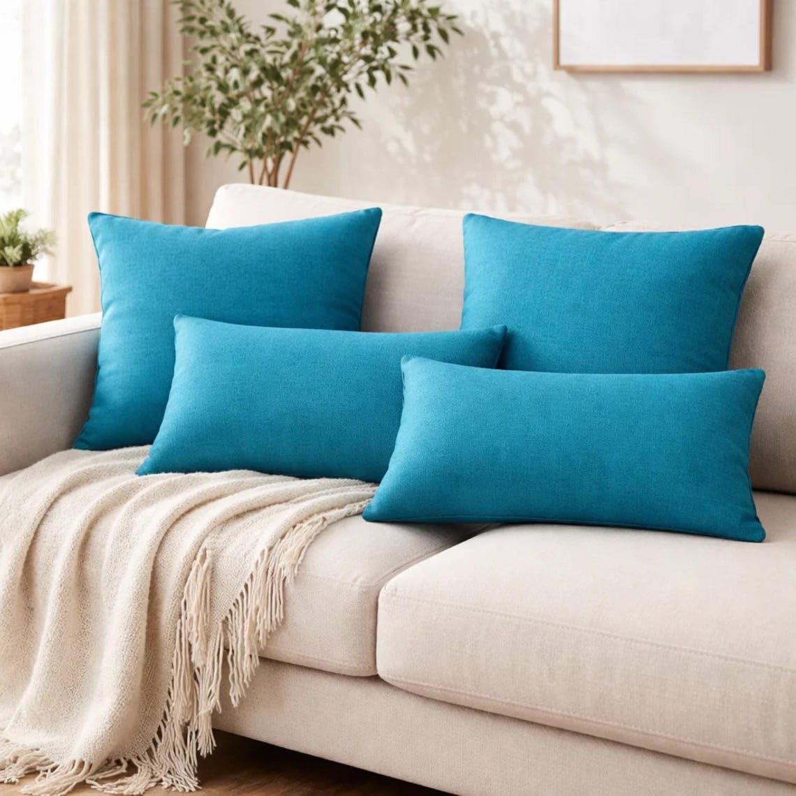 Juego de 2 Azul turquesa Lujo Funda de cojín lumbar 30 x 55 cm | Moderno Lino Funda de Cojín | Sólido, texturizado Fundas de almohada para sofá y dormitorio, decoración del hogar - Turquoise Linen