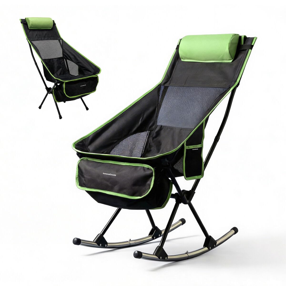 InnovaGoods - Silla Mecedora Plegable para Acampar 2 en 1, Silla Fija o con Balanceo, Respaldo Alto de Malla Transpirable, Bolsillo, Cojín Cervical, Bolsa de Transporte, Portátil, Camping, Exteriores