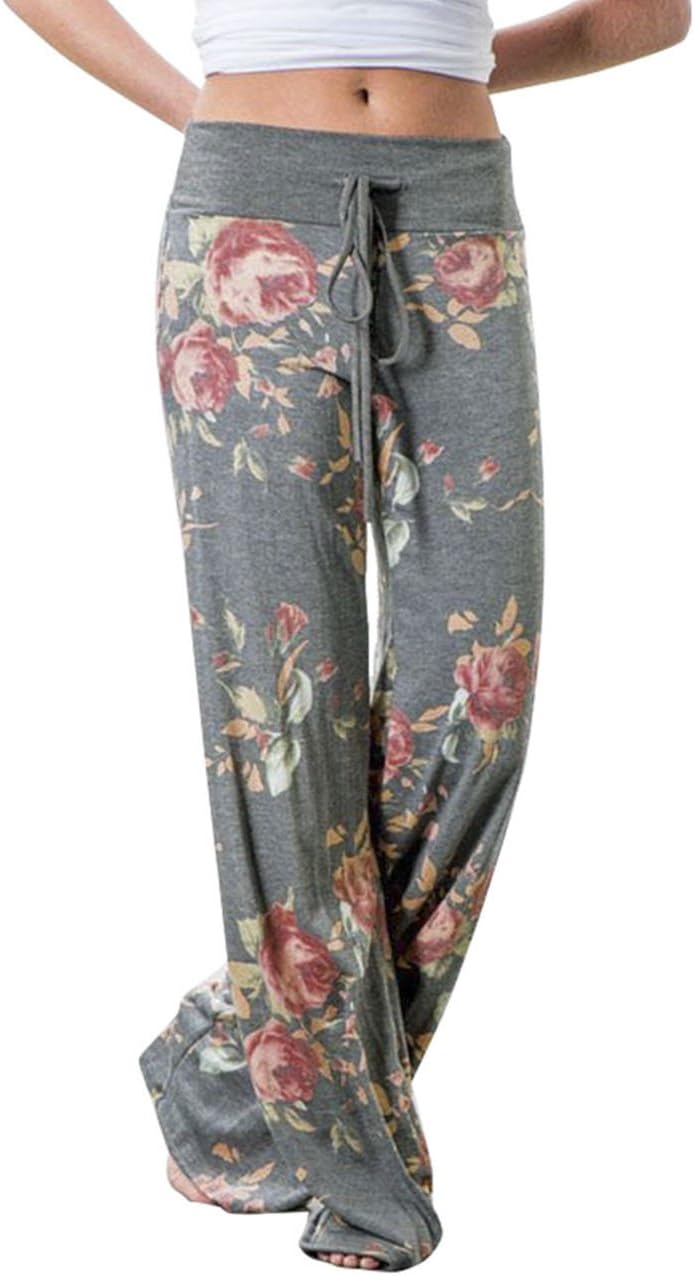 Women's Summer Casual Pajama Pants Floral Print Drawstring Palazzo Lounge Pants Wide Leg