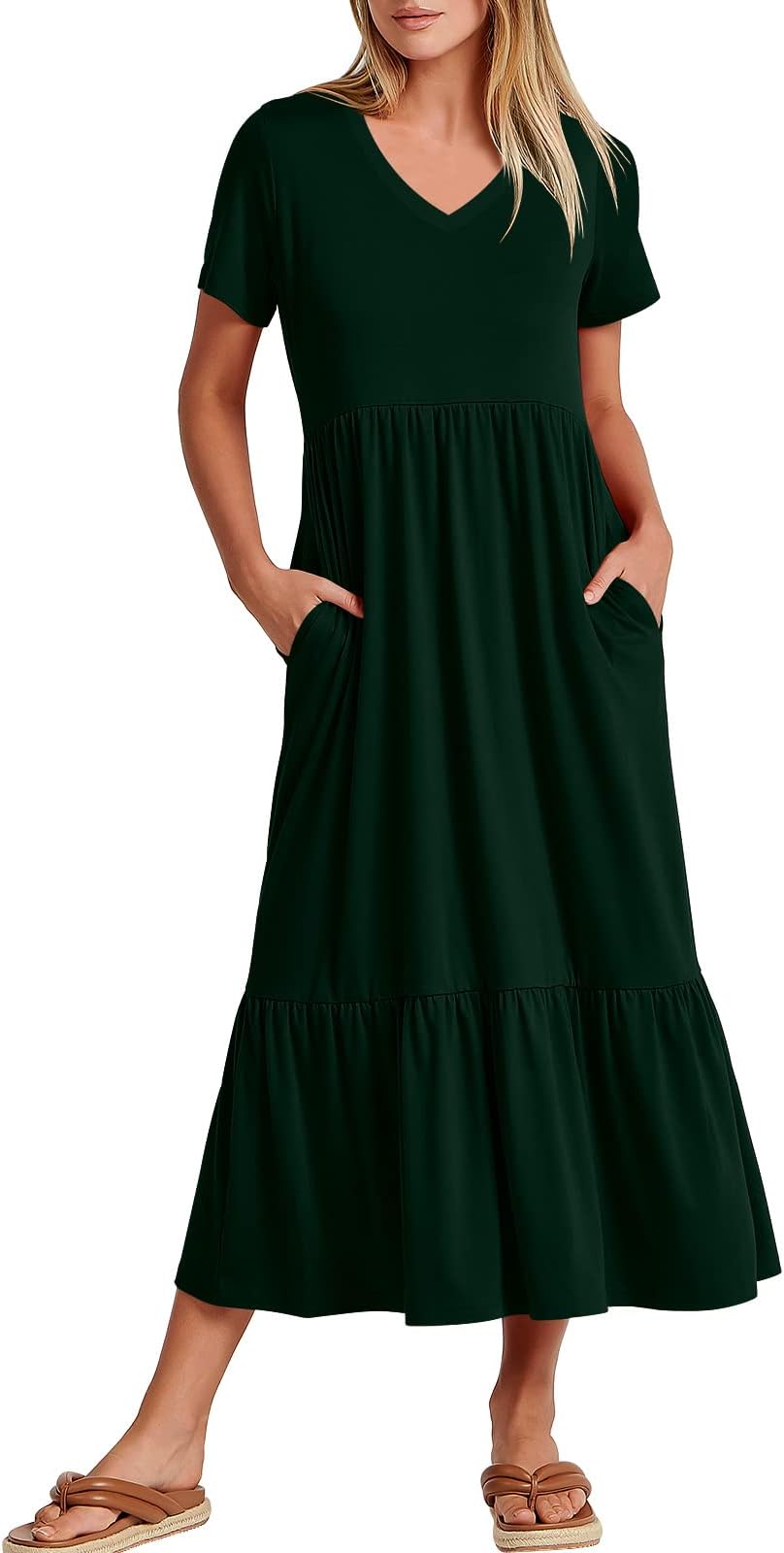 ANRABESSWomen's Summer Casual Short Sleeve V Neck Swing Dress Casual Flowy Tiered Maxi Beach Dress with Pockets