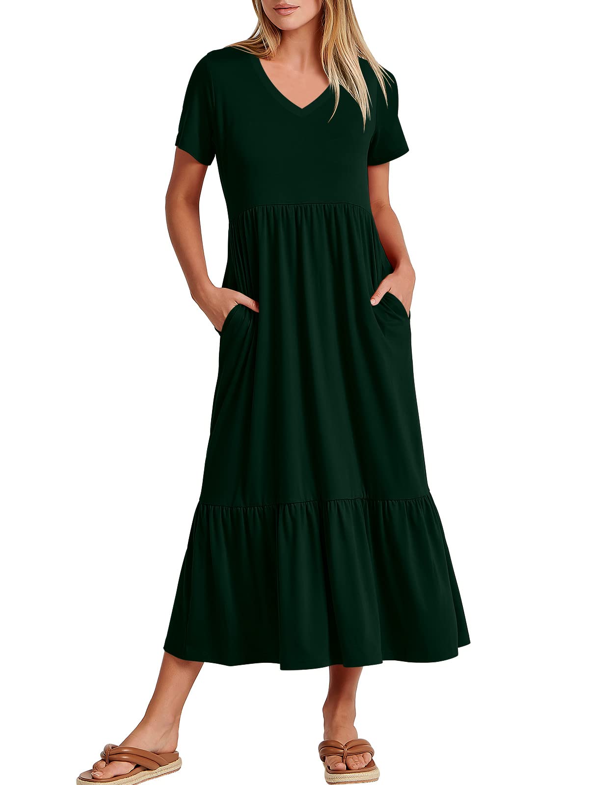 ANRABESSWomen's Summer Casual Short Sleeve V Neck Swing Dress Casual Flowy Tiered Maxi Beach Dress with Pockets