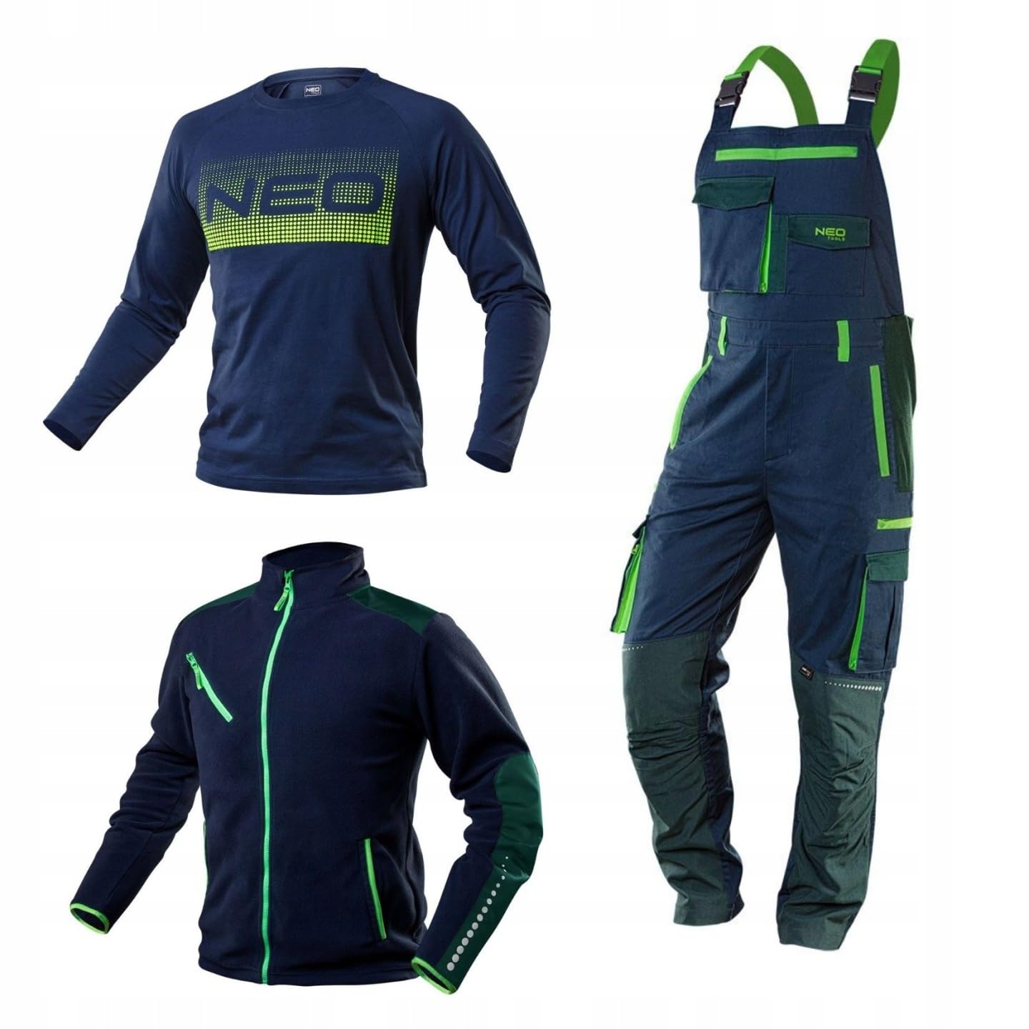 NEO TOOLS Herren Premium Arbeits-Latzhose, 62% Baumwolle, 35% Polyester, 3% Elasthan 250 g/m2, Gr. XS-3XL, Knie- und Schienbeinbereich mit Cordura, elastischer Gummibund und Y-Hosenträger