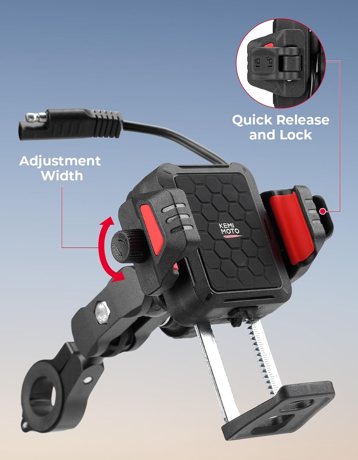 KEMIMOTO Anti-Theft Motorcycle Phone Mount with Qi 15W Wireless Charger & 33W PD/USB-C Fast Charging Port, Anti-Vibration Dampener, One-Hand Operation, 360° Adjustable for 5.4''-7.2'' Cellphone