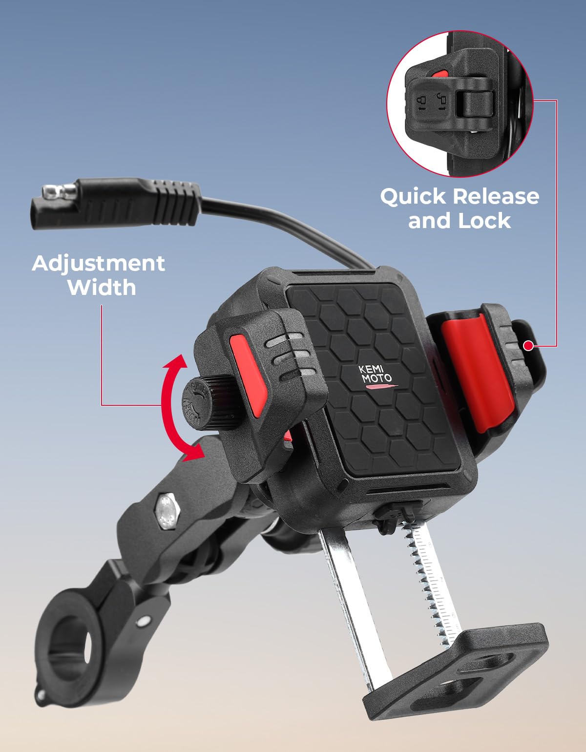 KEMIMOTO Motocyklowy uchwyt na telefon komórkowy z bezprzewodową ładowarką 15 W i przyłączem szybkiego ładowania PD/USB-C 33 W, amortyzator antywibracyjny i ochrona przed kradzieżą, regulacja 360°, do