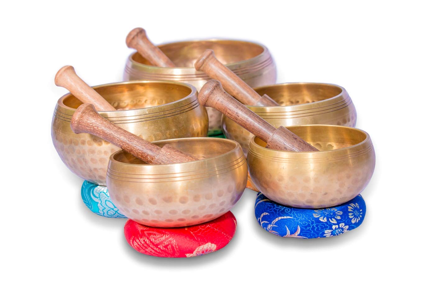 Set di 5 campane tibetane autentiche a 7 metalli per yoga, guarigione dei chakra, rilassamento profondo, sollievo dallo stress e consapevolezza, realizzate a mano in Nepal, con cuscini