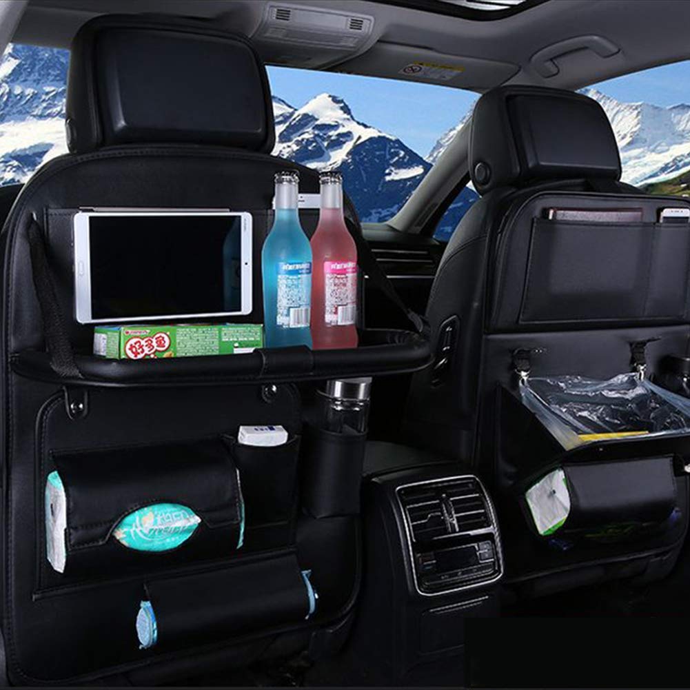 Organizador Del Asiento Automóvil, Organizador De Accesorios De Viaje En Automóvil De Cuero De La PU, Con Bandeja Plegable Y Bote De Basura, Alfombrillas Protectoras Del Asiento Trasero,Negro