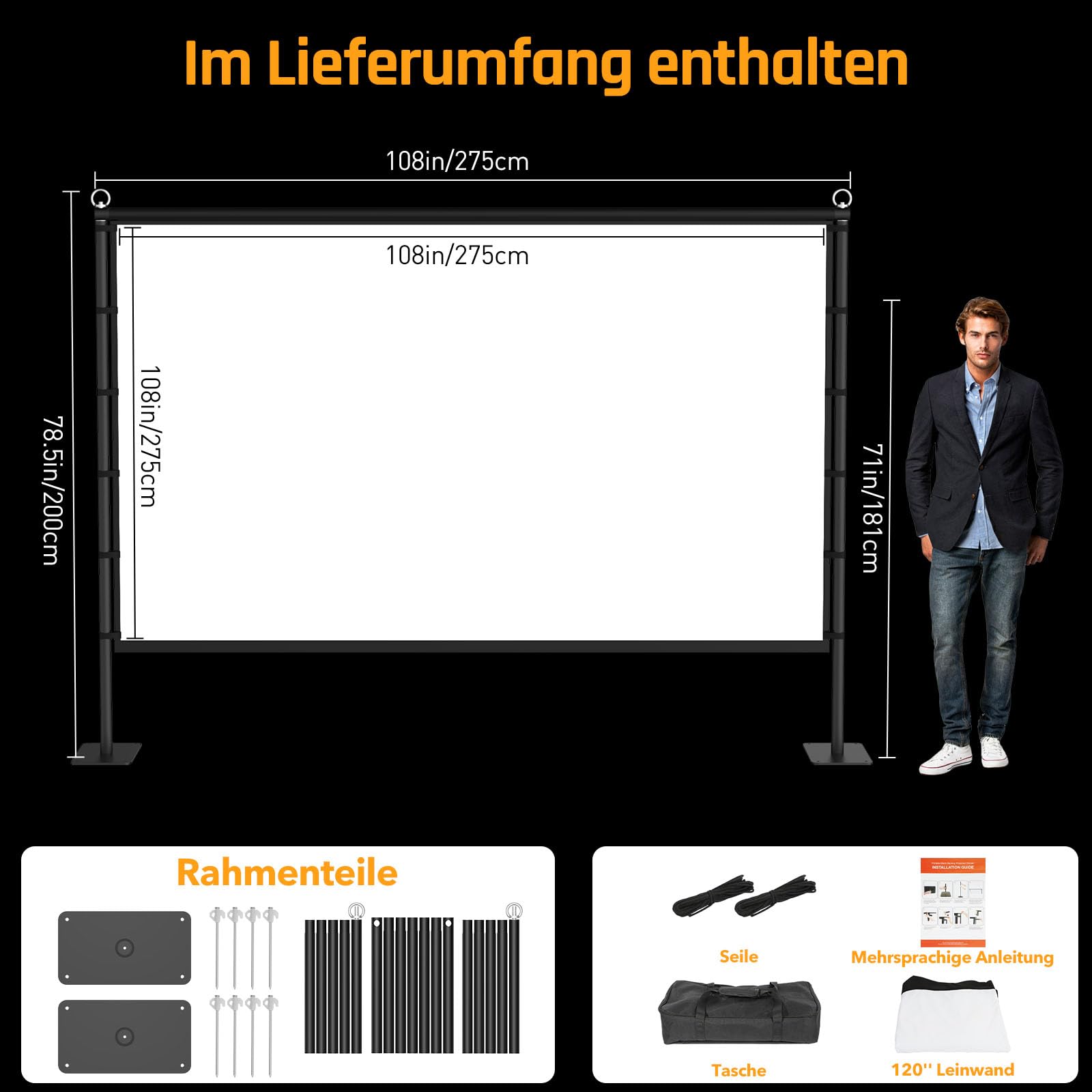 Beamer Leinwand Outdoor mit Ständer: LEORFI 120 Zoll Projektionswand Ständer Portable faltbar Front/Rückprojektion Bodenleinwand mit Tragetasche - Upgraded Sturdy Base für Heimkino, Filme Nächte