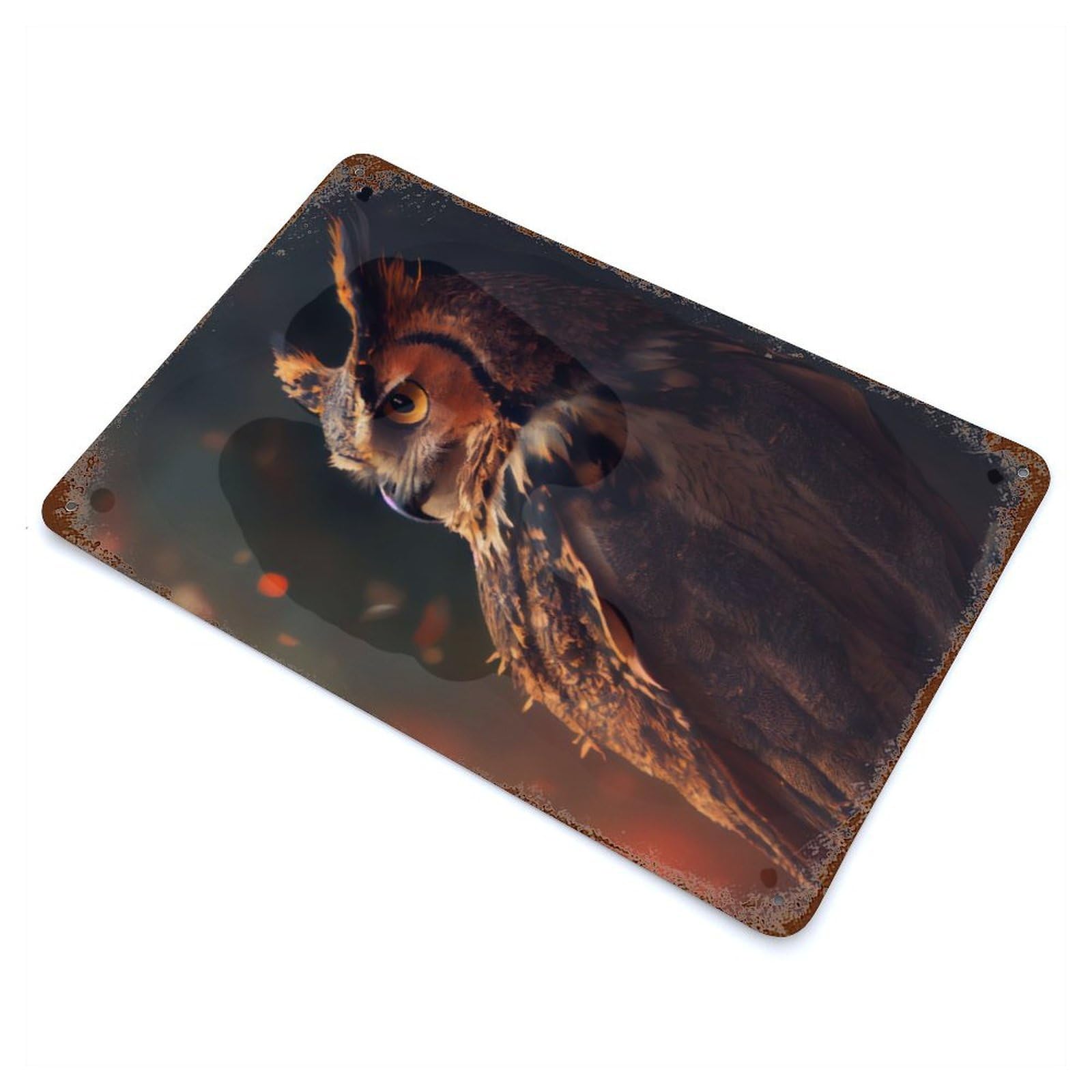 Garage Style Mystic Owl Gaze Rust Effect Tin Sign 11.8"x7.9", Farmhouse Wall Decor for Bar And Workshop