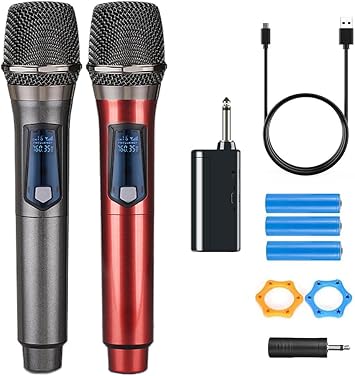 Wireless Microphones, Dual Handheld Dynamic Wireless Mic for Karaoke, Wedding, DJ, Party, Speech, Church, Class, PA System, 200ft, Gray & Red