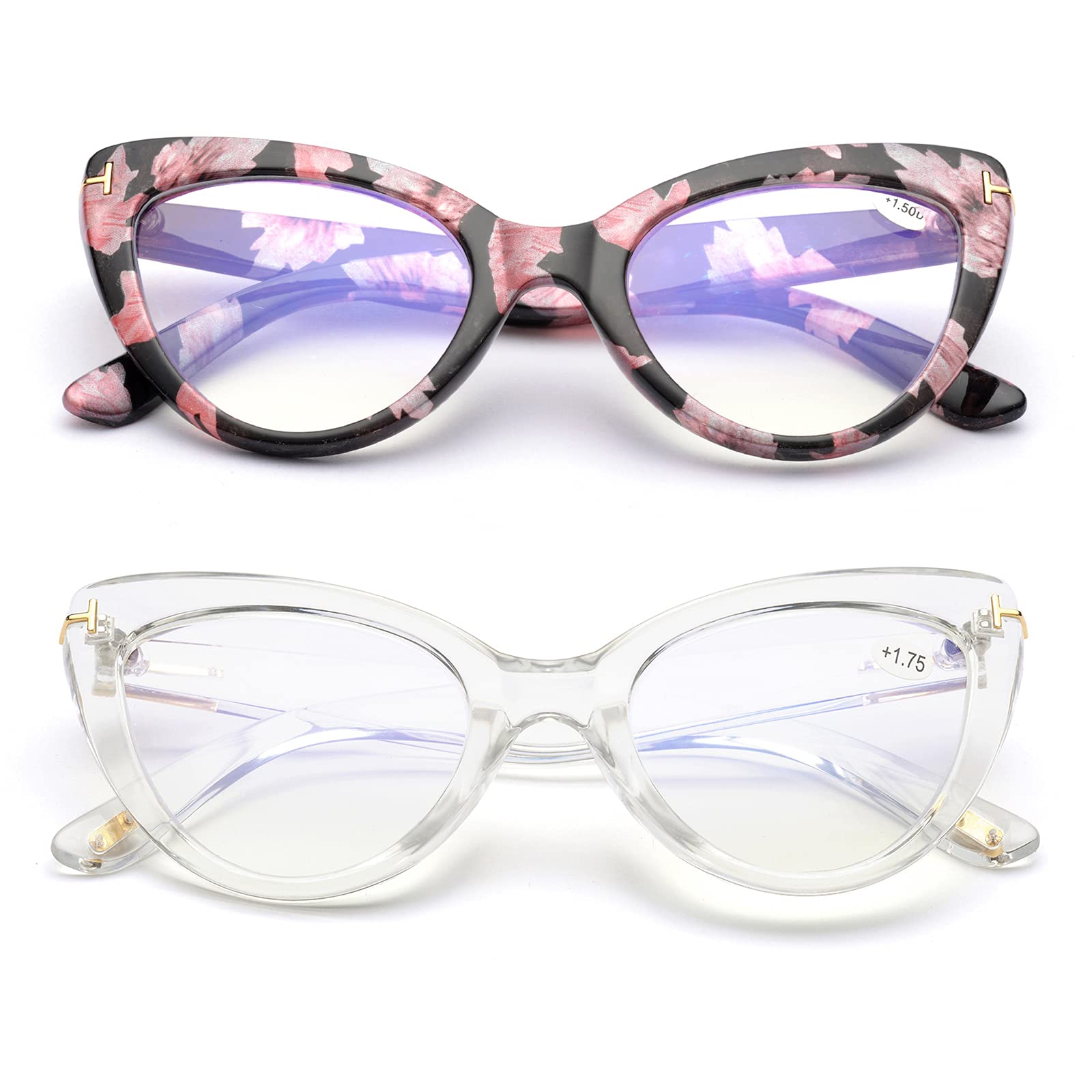 Womens Cute Oversized CatEye Blue Light Blocking Reading Glasses Big Eyeglass Frames Large lens Computer Readers, 2 Pairs (Floral+transparent）, Medium