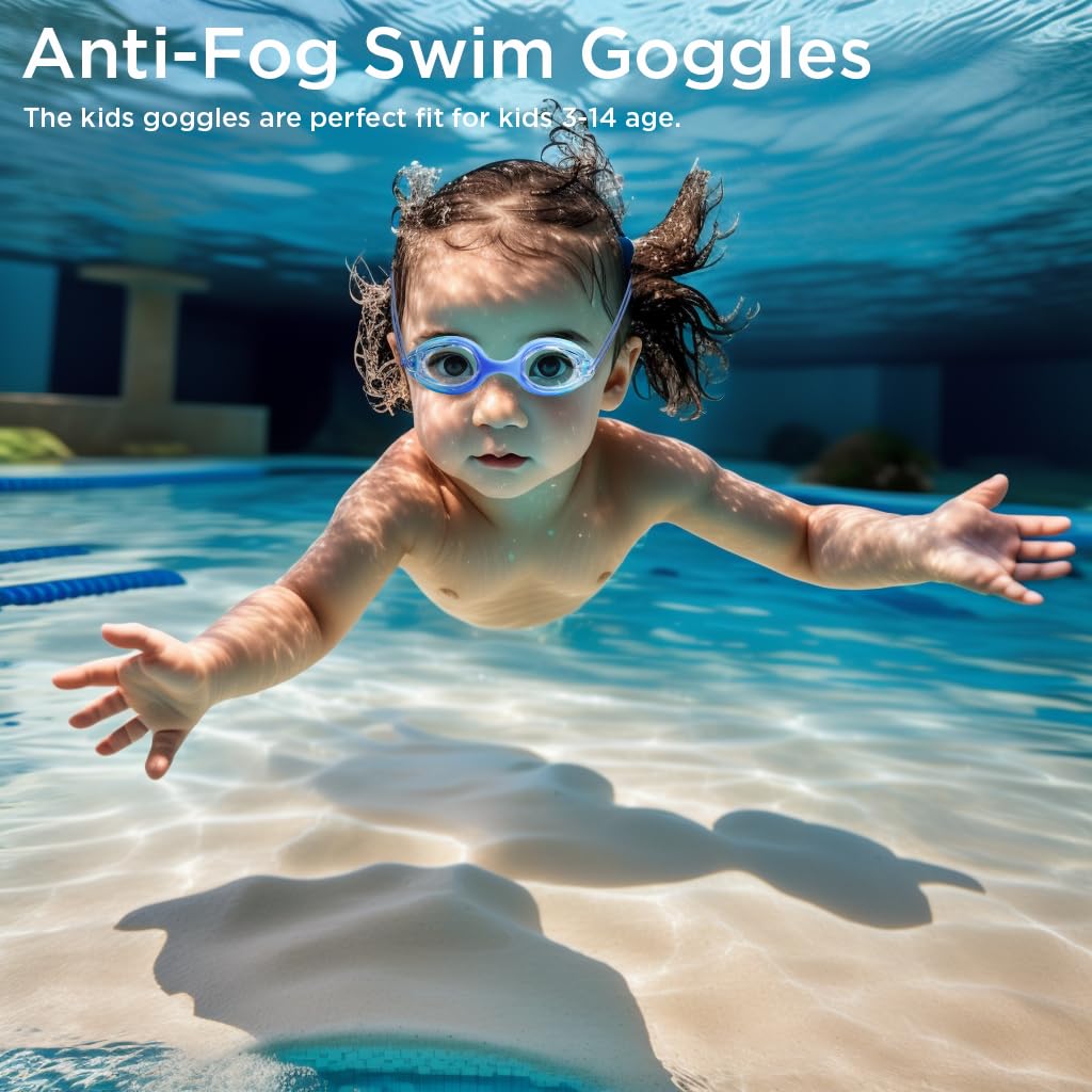 Kinder-Schwimmbrille, 2 Stück, vollständiger Schutz, kein Auslaufen, Anti-Beschlag, Alter 3–14 Jahre