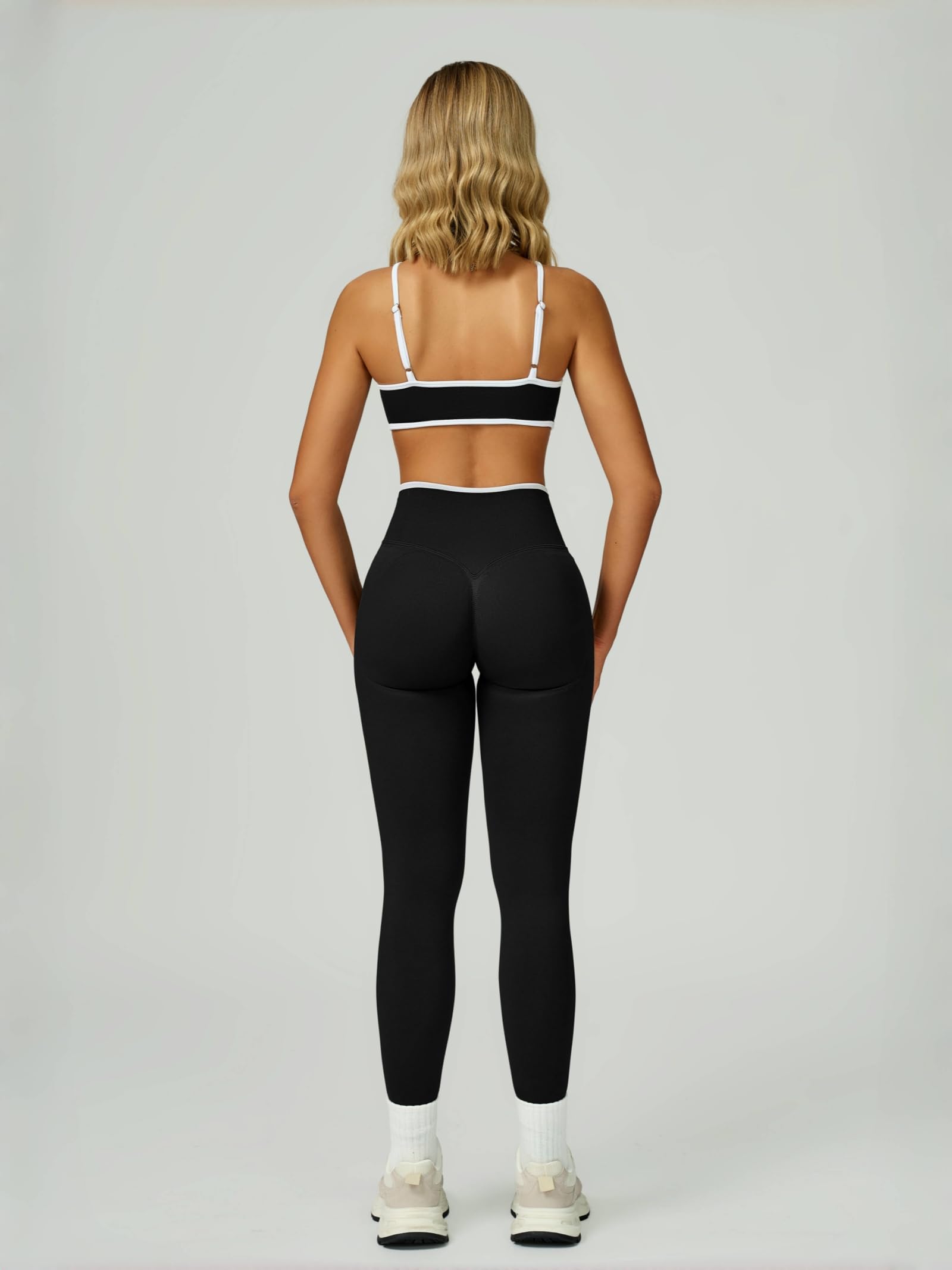 ABOCIW Conjunto de entrenamiento de 2 piezas para mujer, sin costuras, bloque de color, brasier deportivo, levantamiento de glúteos, leggings de cintura alta, conjunto de gimnasio
