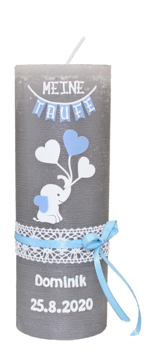 INNA-GLAS Vela MARIELOU, Mi bautizo, decorada, gris-azul, 19 cm, Ø 6,8 cm