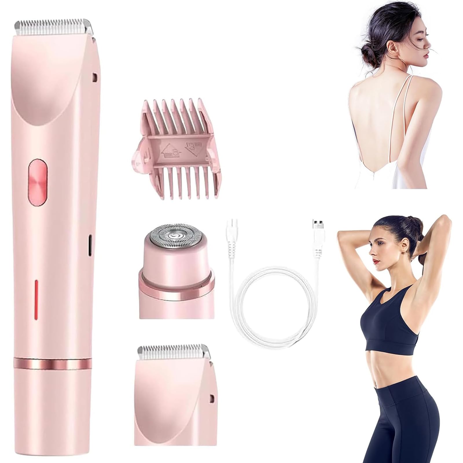 PZCC Rasoir Manuel pour Femme, Tondeuse Bikini 2 en 1, Rasoir Sans Fil, Anti-Coupures et Anti-Irritations, Humide et Sec, Rechargeable, Convient pour Le Visage, Les Jambes et Les Aisselles (Rose)