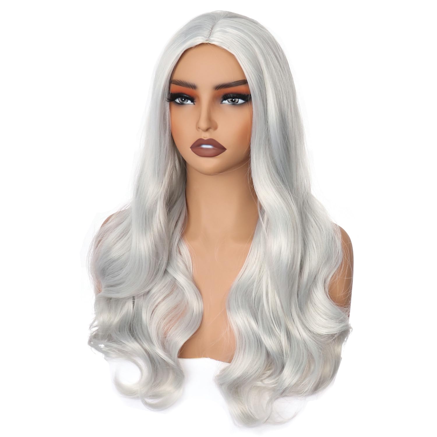 colorful panda 24 inch / 60cm Long Grey Wavy Curly Wig for Women Middle Part Full Wigs Heat Resistant Synthetic Halloween Costume Cosplay Wig (Silver Gray)