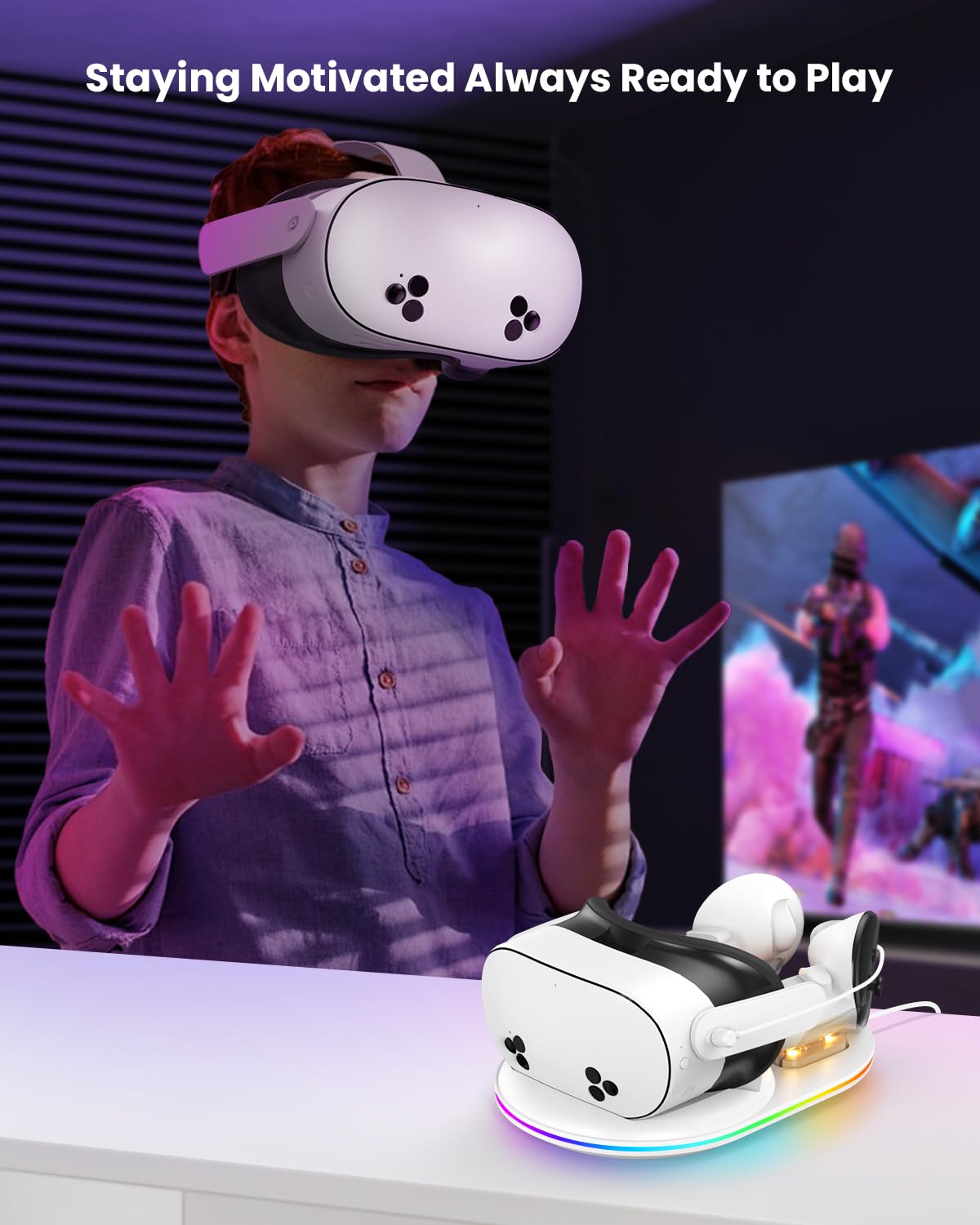 GEEKERA Base de Carga Compatible con Meta Quest 3S: Estación de Carga Magnética para Casco y Mandos, con Adaptador de 18 W, 2 Baterías Recargables y Luces RGB, Accesorios VR para Jugadores