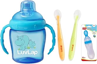 LuvLap Feeding Spoon with Squeezy Food Grade Silicone Feeder Bottle, 90Ml,Blue & Baby Feeding Spoon Set of 2 with Ultra Supple 100% Silicone Tip, BPA Free Plastic,(Green & Pink) & Hippo Sipper Blue