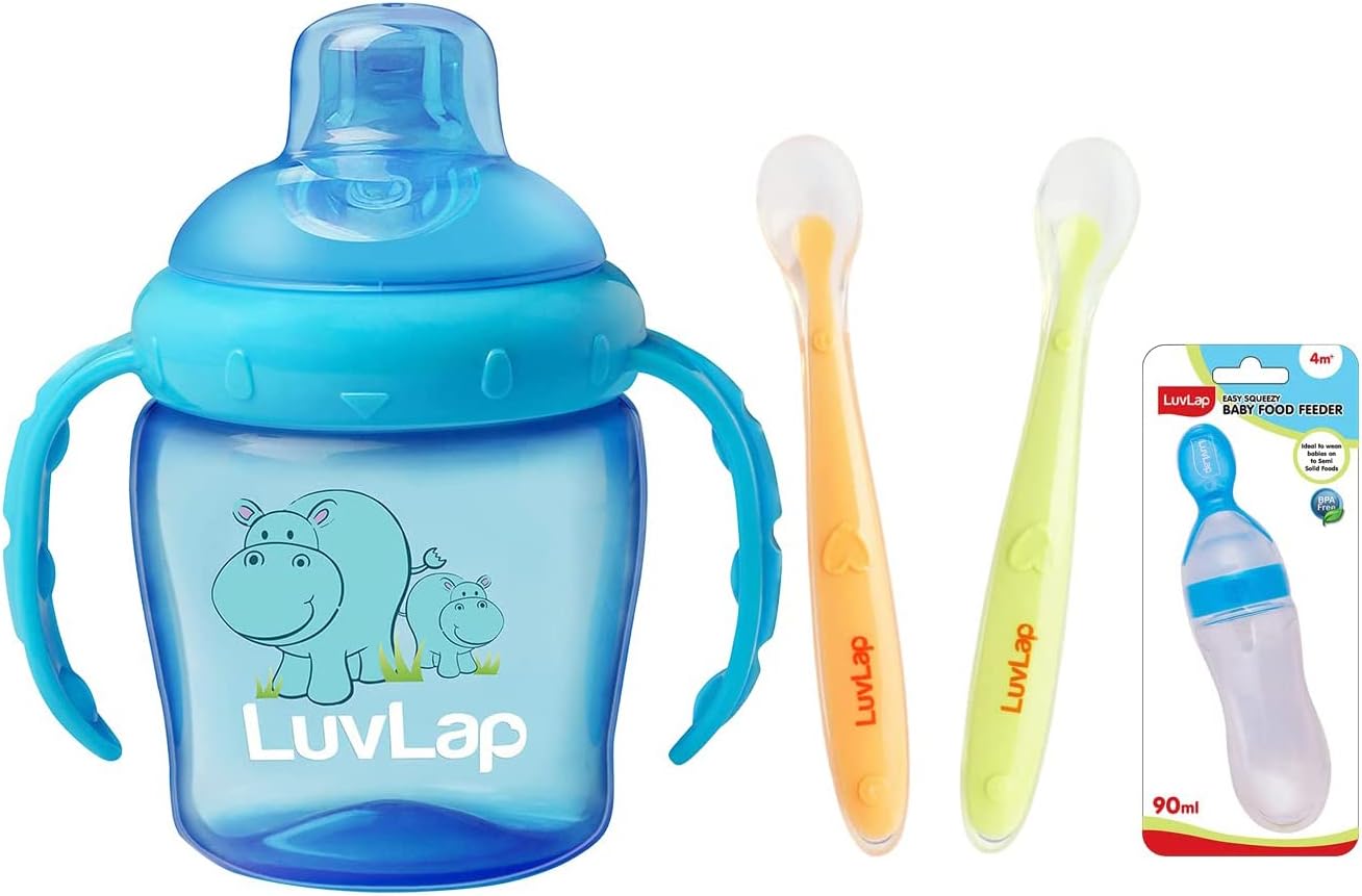 LuvLap Feeding Spoon with Squeezy Food Grade Silicone Feeder Bottle, 90Ml,Blue & Baby Feeding Spoon Set of 2 with Ultra Supple 100% Silicone Tip, BPA Free Plastic,(Green & Pink) & Hippo Sipper Blue