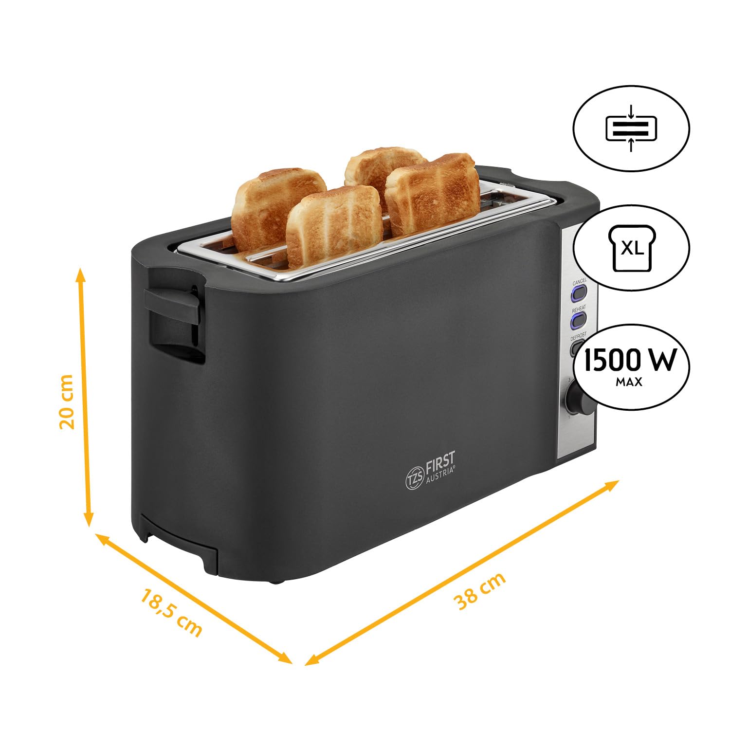 TZS First Austria – Tostapane in acciaio inox a fessura lunga 4 fette – con accessorio panini e vassoio raccogli-briciole – 6 livelli di doratura, funzione scongelamento, 1500W, nero opaco