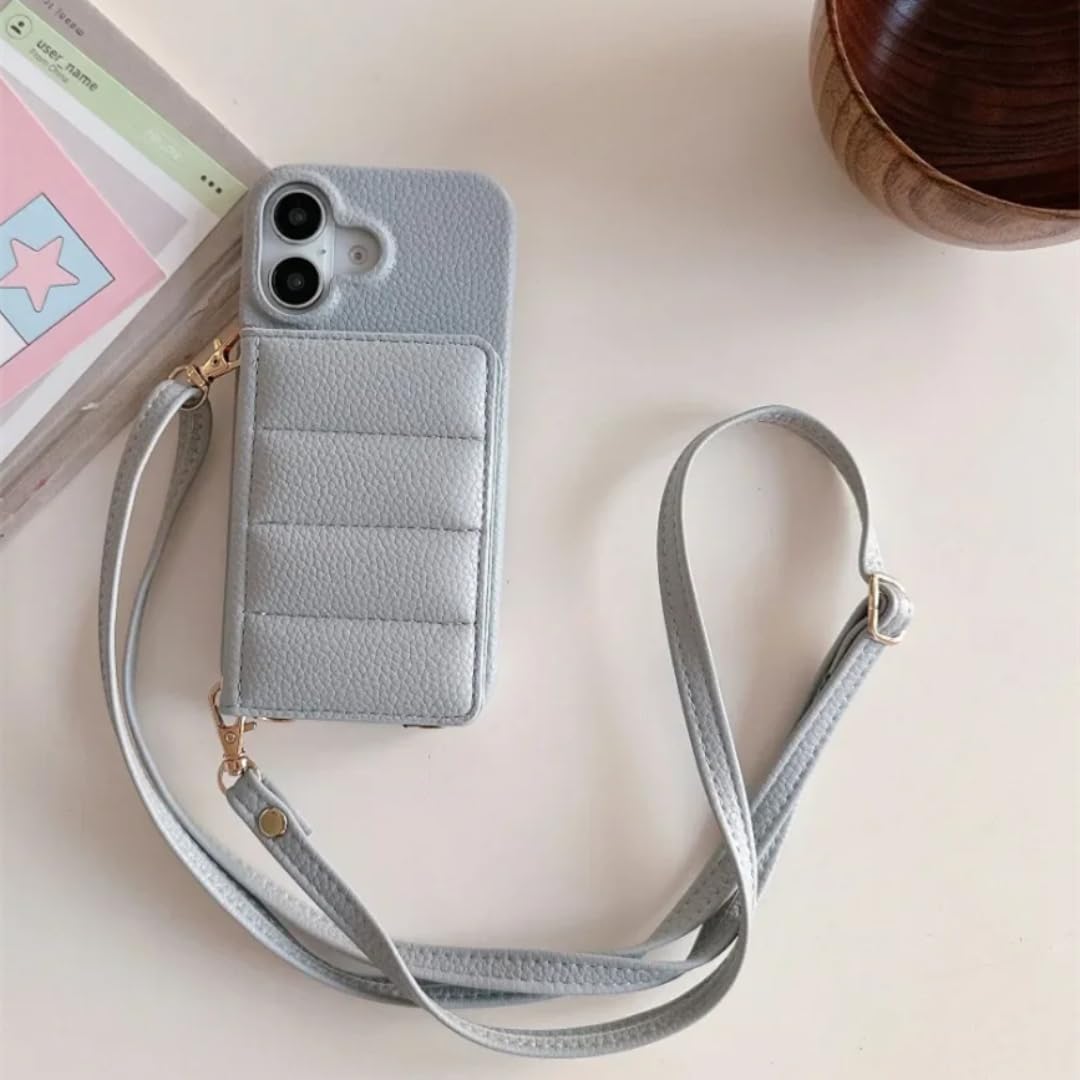 Etui na telefon iPhone 14 Pro z paskiem na szyję, skórzane, z lusterkiem i miejscem na karty (do iPhone'a 14 Pro/niebieski szary)