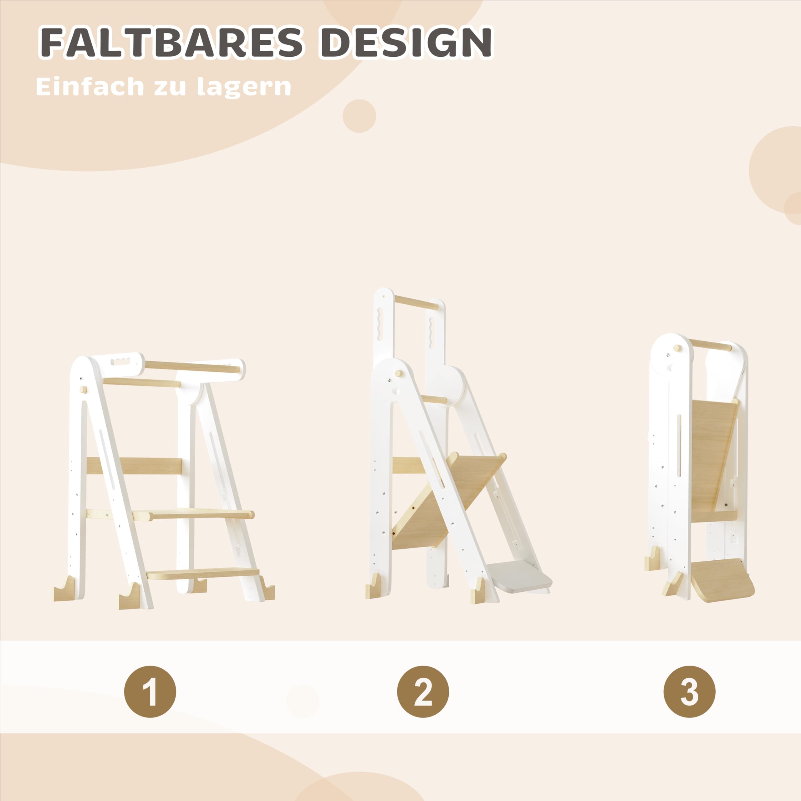 Klappbarer Toddler Tower Tritthocker Höhenverstellbar (Weiß) | Sicherer Kinderhocker ab 1,5 Jahren | Höhenverstellbar & faltbar für Bad & Wohnzimmer. Mit Rutschschutz