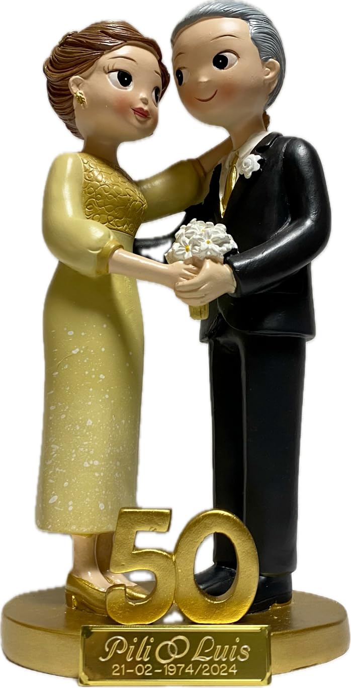 RegalosDeBodaOnline Figurita Tarta Bodas de Oro 50 Aniversario GRABADA muñecos Personalizados para Pastel o Regalo