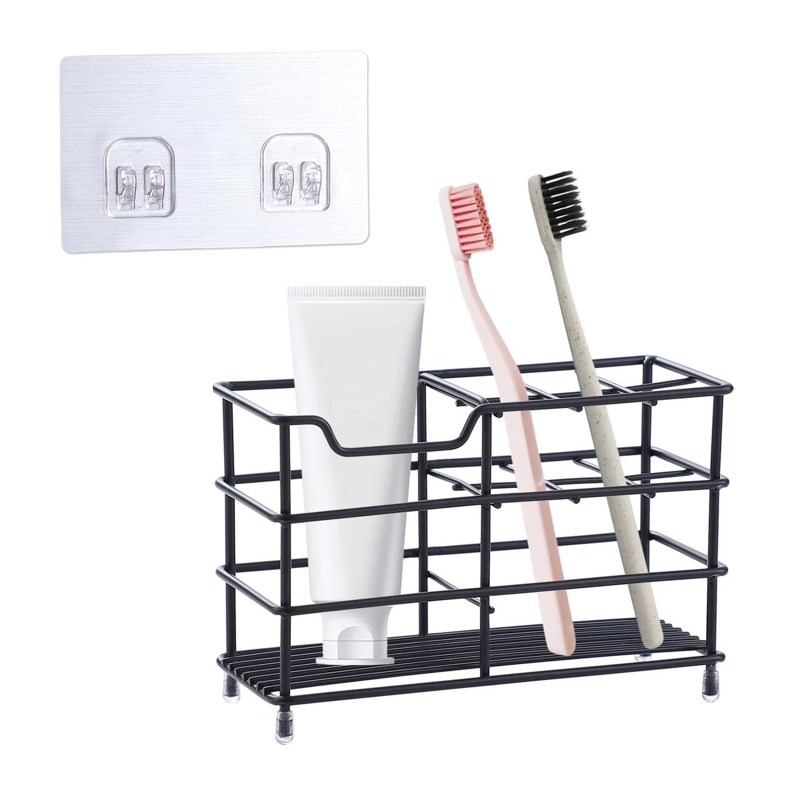 ANMEISH Toothbrush holder Wall Mounted,Black Bathroom Stainless Steel Toothbrush Caddy,7 Multifunctional Slots Toothpaste Holder Organizer Stand Storage for Toothpaste, Razor