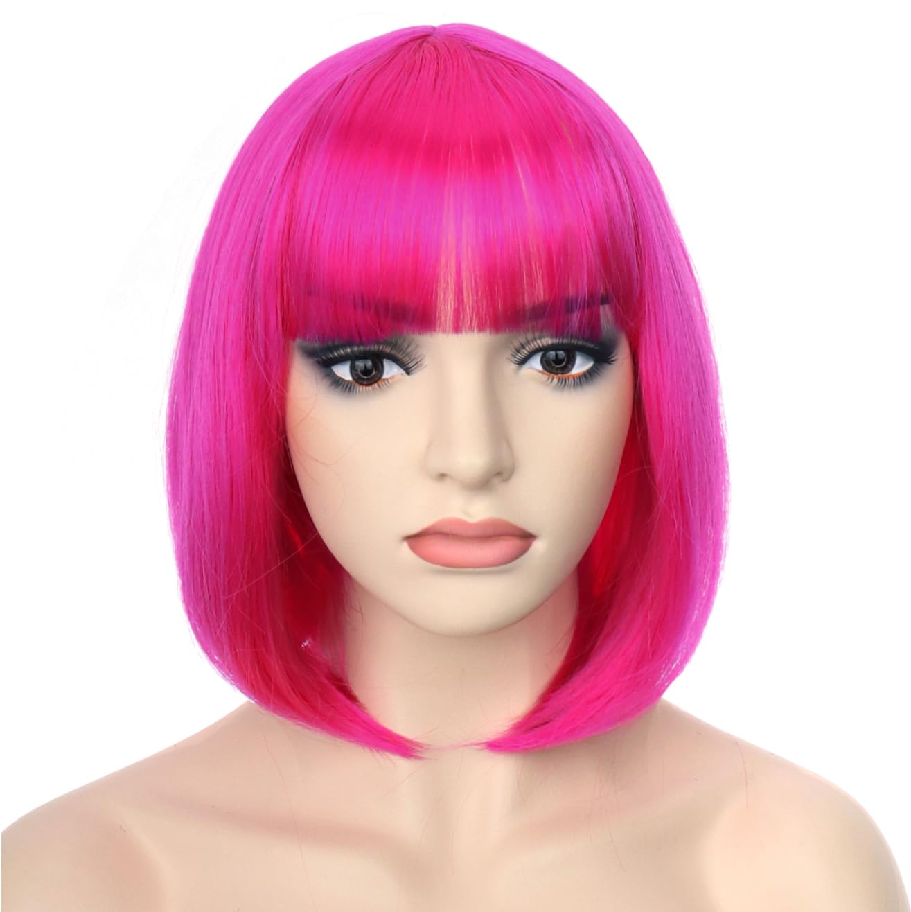 PORSMEER Short Hot Pink Bob Wigs with Fringe For Unisex Womens Girls Natural Synthetic Hair Colorful Costume Cosplay Wig for Anime Halloween Fancy Dress Party+Wig Cap