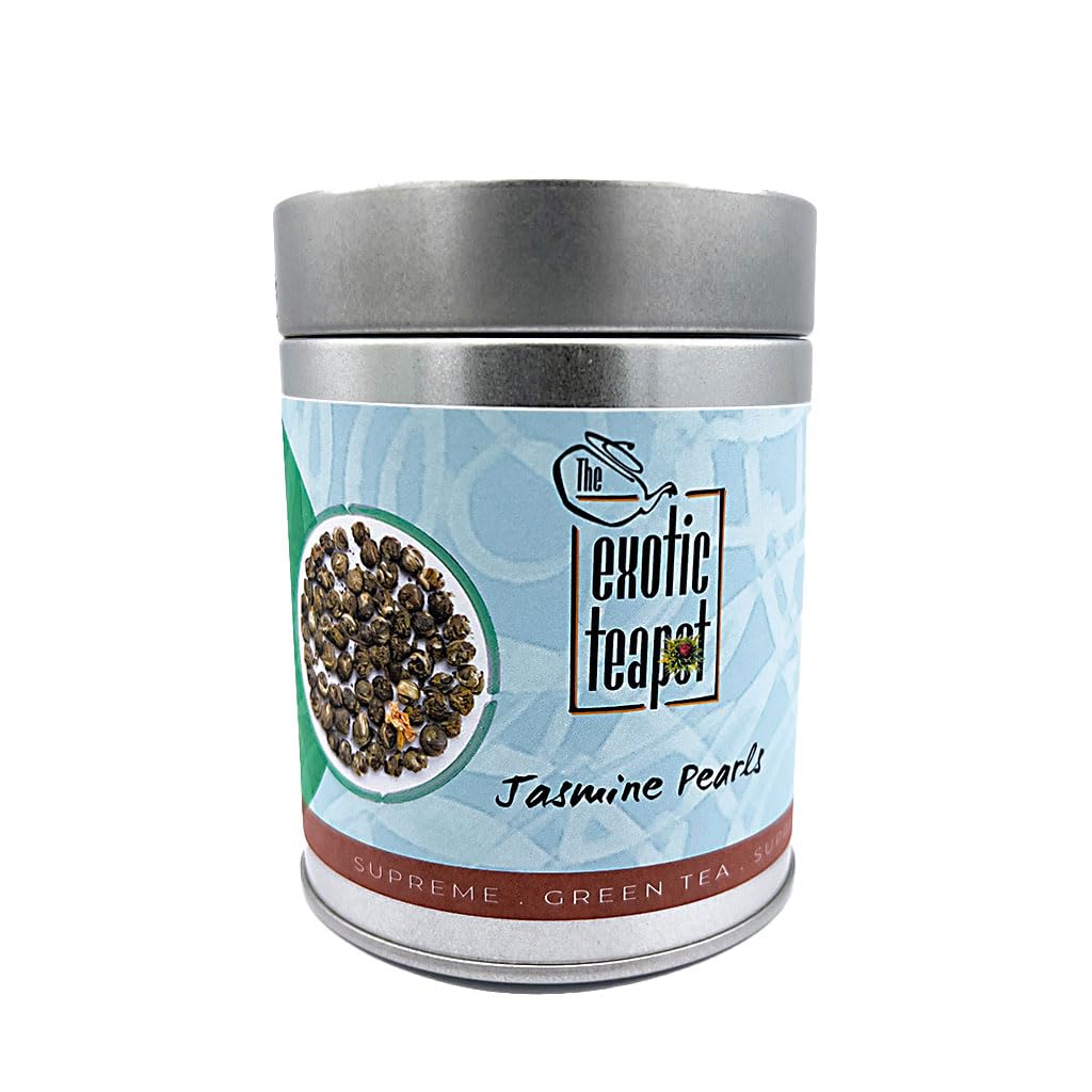 The Exotic Teapot - Supreme Jasmine Pearls Tea, 75g Tin, Premium Hand-Rolled Green Tea, Scented with Real Jasmine Blossoms