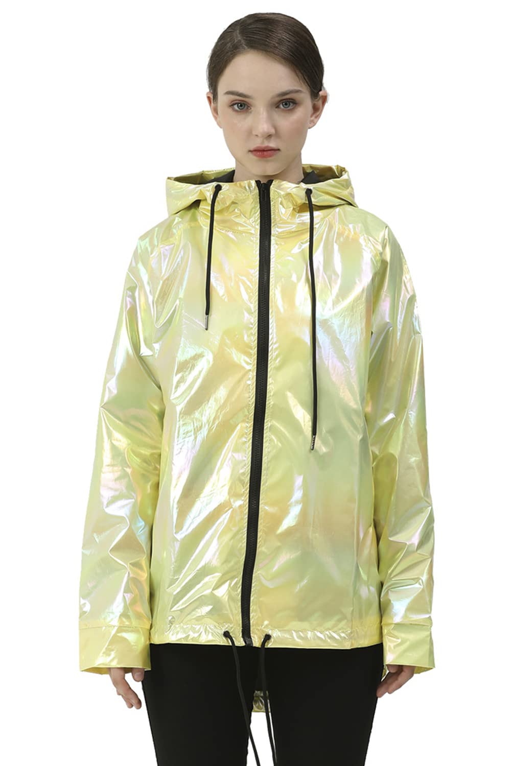 RoseLily Women's Holographic Shimmering Hooded Metallic Glitter Jacket Yellow Holo-yellow X-Large