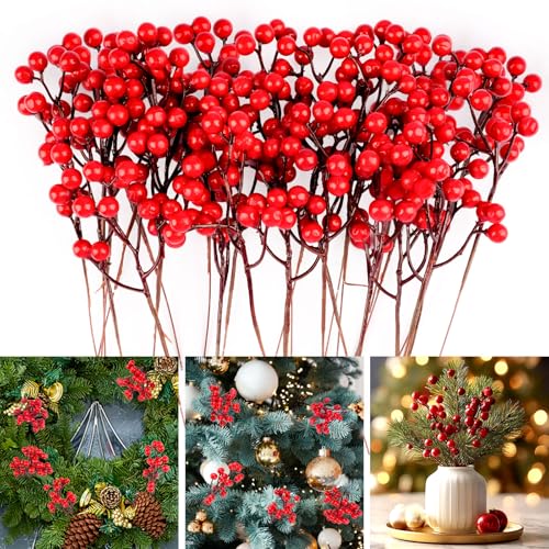 24 Pack Red Berry Stems, 7.6 Inch Holly Berry Stems, Artificial Red Berry Picks, Red Berries Christmas Decor Branches Ornaments for Christmas Tree, Wreath, Crafts, Winter, Xmas