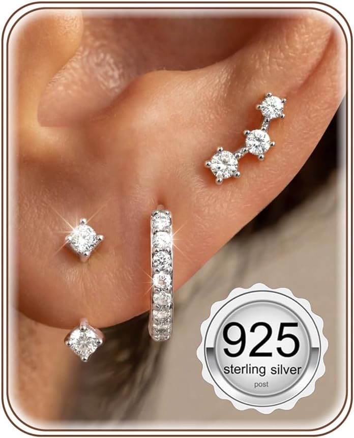 3 Pairs 925 Sterling Silver Hypoallergenic Earrings for Women Trendy - 14K Gold Plated Stud Hoop Cartilage Earrings Set Small Earring Stacks for Sensitive Ears Non Tarnish Dainty Silver Earring
