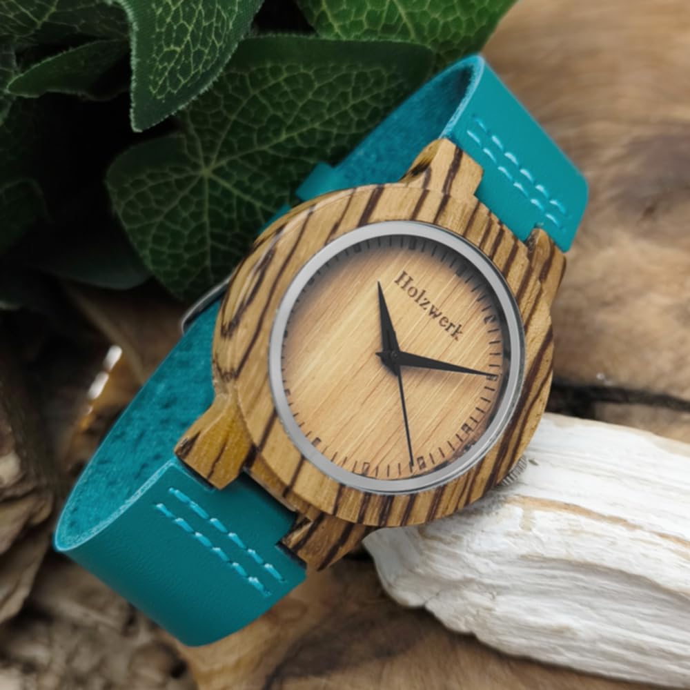 Holzwerk Germany Ręcznie wykonany designerski zegarek damski ekologiczny naturalny drewniany zegarek skórzany pasek zegarek analogowy klasyczny zegarek kwarcowy w kolorze niebieskim turkusowym