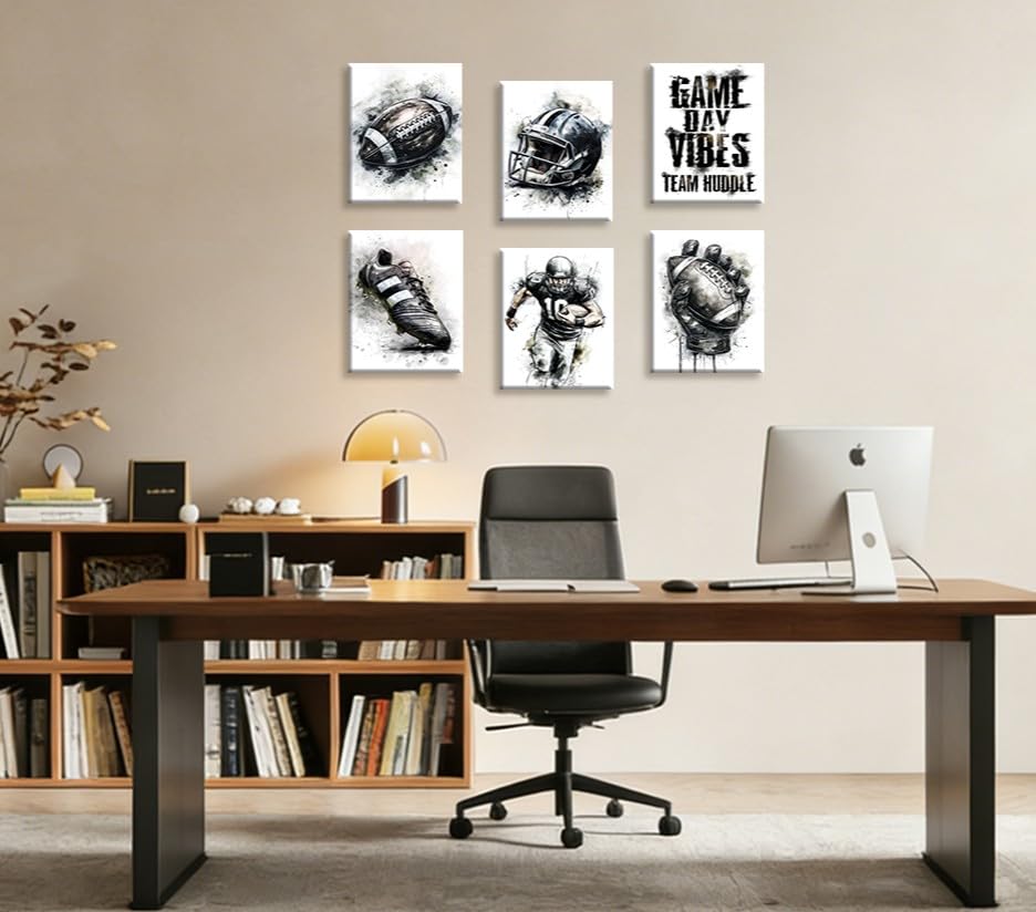 Image of Frimeeme Black and White Football Wall Art & Posters, 6 Pcs, 8x10 In | for Kids Boys Room Locker Room Dorm Living Room