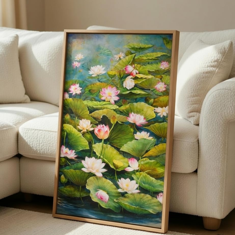 Image of Livin'luxe Lotus Pond Wall Painting with Wooden Frame | Elegant Lotus Flower Nature Artwork HD UV Laminated MDF Wall Decor | Floral Water Garden Wall Art for Living Room Bedroom