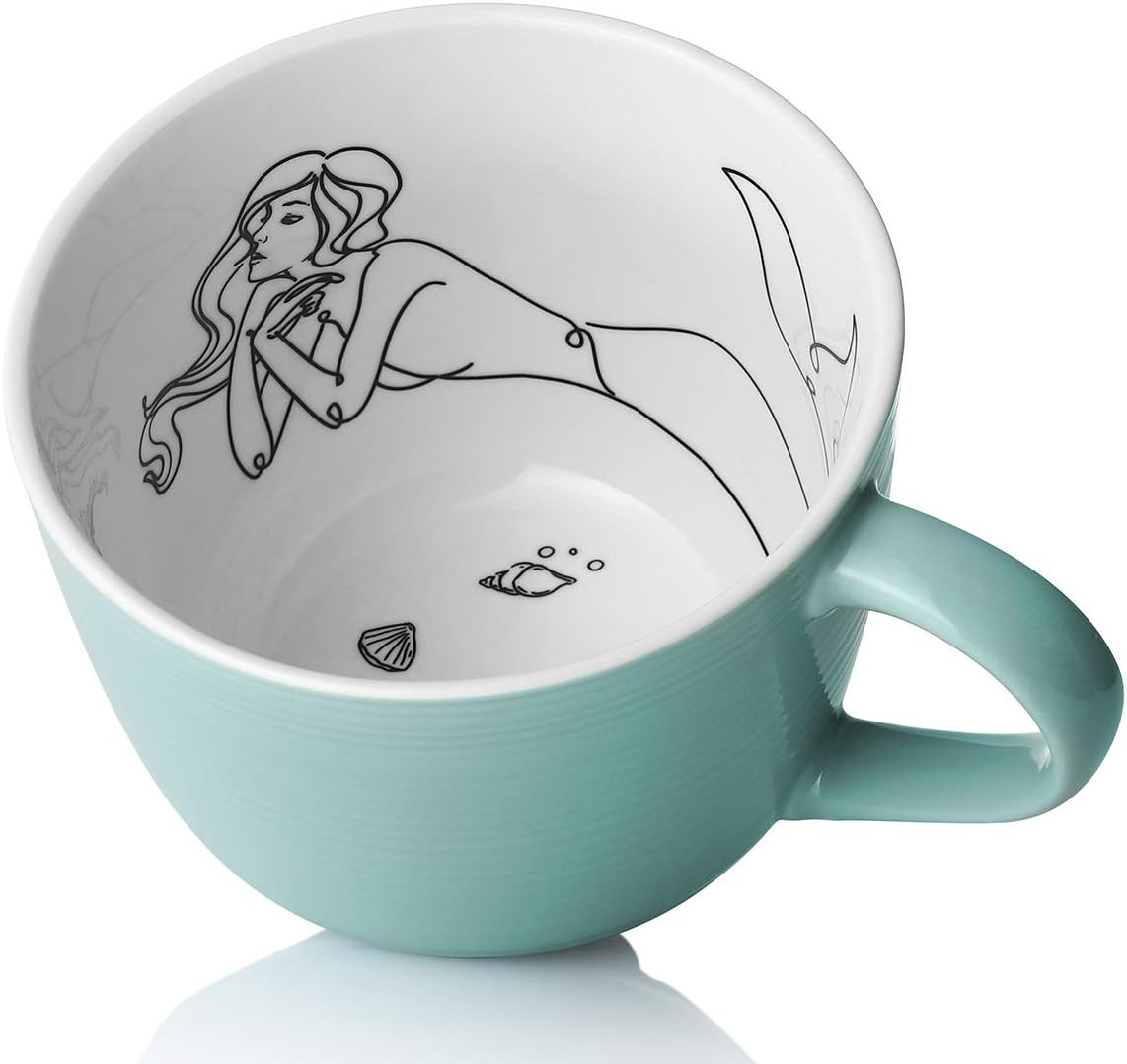 LIFVER Large Coffee Mug, 17 Ounces Jumbo Porcelain Soup Mug of Mermaid Art Pattern Mug for Cappuccino, latte, Soup, Cereal