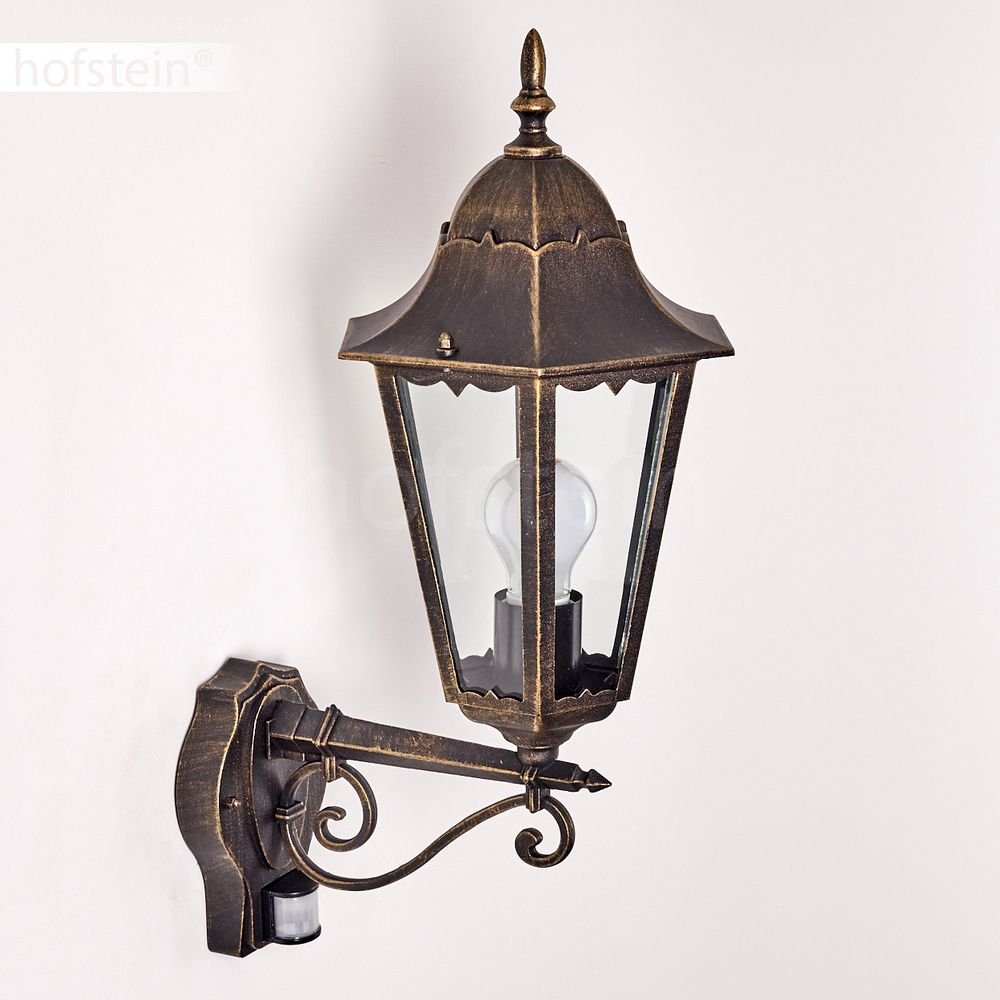Zewnętrzna lampa ścienna Hong Kong z czujnikiem ruchu, lampa ścienna w górę, odlew aluminiowy w kolorze brązowym/złotym z przezroczystymi szybami, lampa ścienna na taras/podwórko, E27, bez żarówki