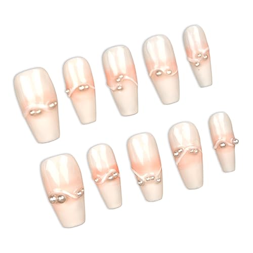 Uñas postizas a presión, pastel crema, hechas a mano, estilo dulce y encantador, uñas postizas largas, acabado UV, acrílico grueso y uñas postizas