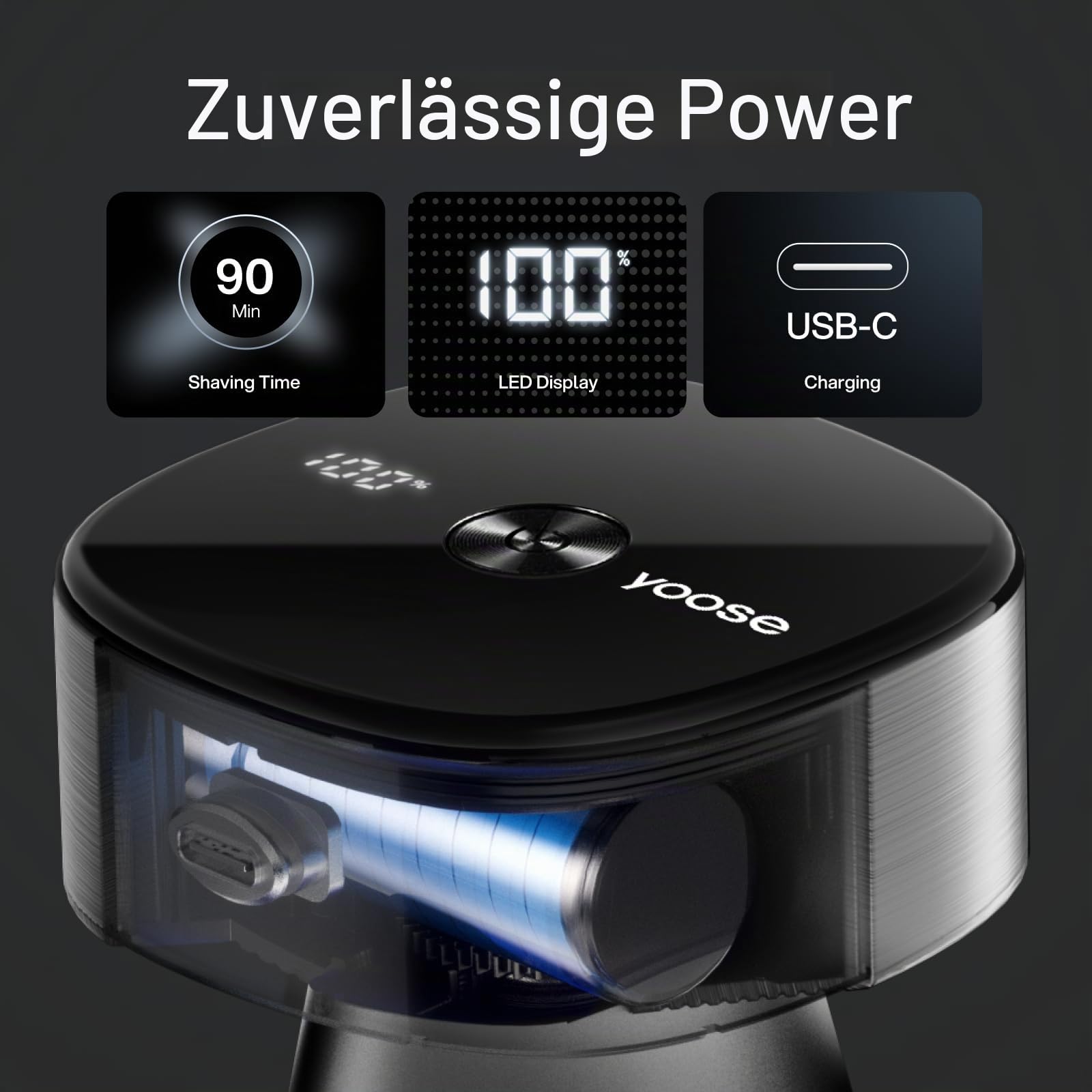 yoose Glatzen- Rasierer Herren elektrisch, IPX7 Glatzenrasierer (magnetisch 5 Scherköpfe, 90 Mins Laufzeit, USB-C-Schnellladung, Akkuanzeige, Kabellos, Nass- & Trockenrasierer) kopfrasierer, schwarz
