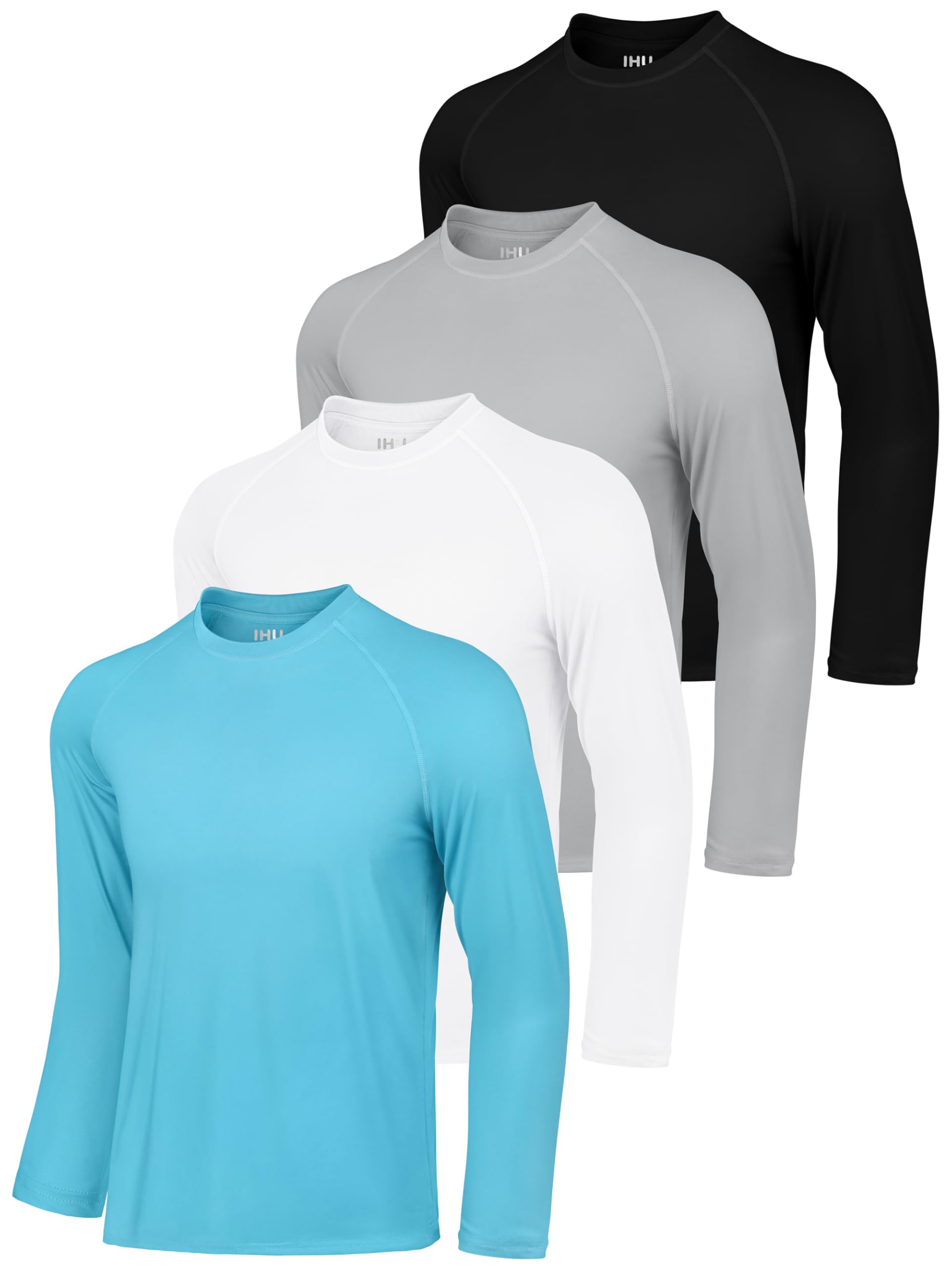 IHU 4er Pack UV Shirt Herren Langarm UPF 50+ Sonnenschutz Langarmshirt Outdoor Atmungsaktives Rashguard für Surfen