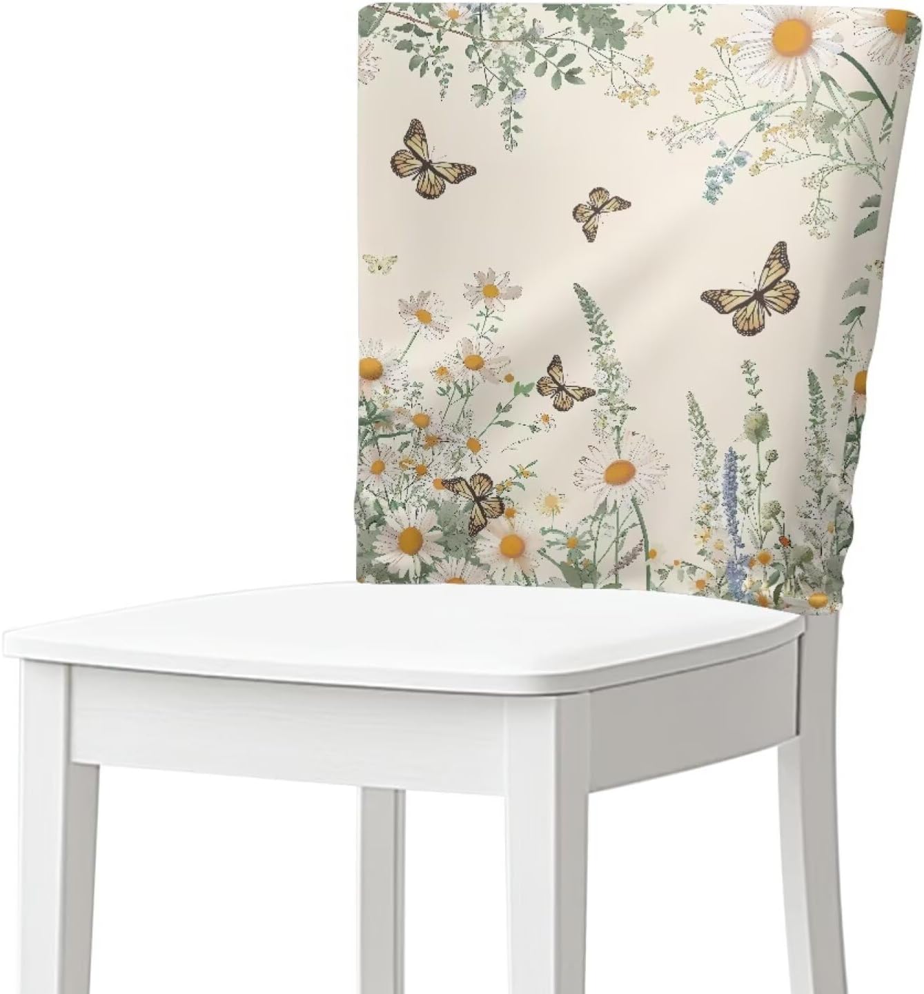 Daisy Floral Butterfly Print Breathable Chair Back Cover Chair Back Slipcovers Decorative Dining Chair Protector for Dining Room Wedding Kitchen Party Ceremony, Set of 6