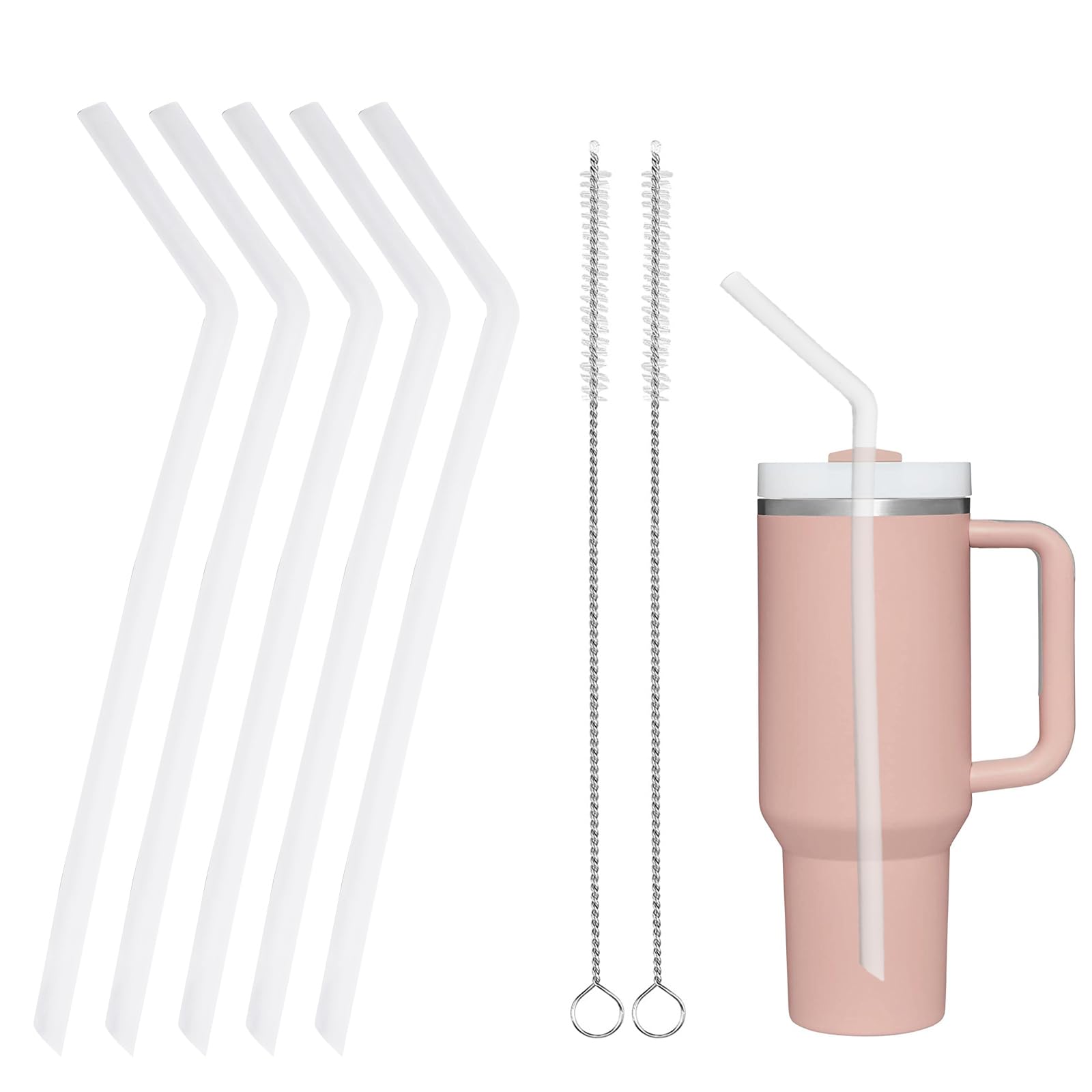 HEYSKAYReusable Drinking Straws Replacement Bendy Silicone Straws Compatible with Stanley 20-40oz Tumblers and Other Brands with 2 Straw Brushes, Soft and Safe, Clear