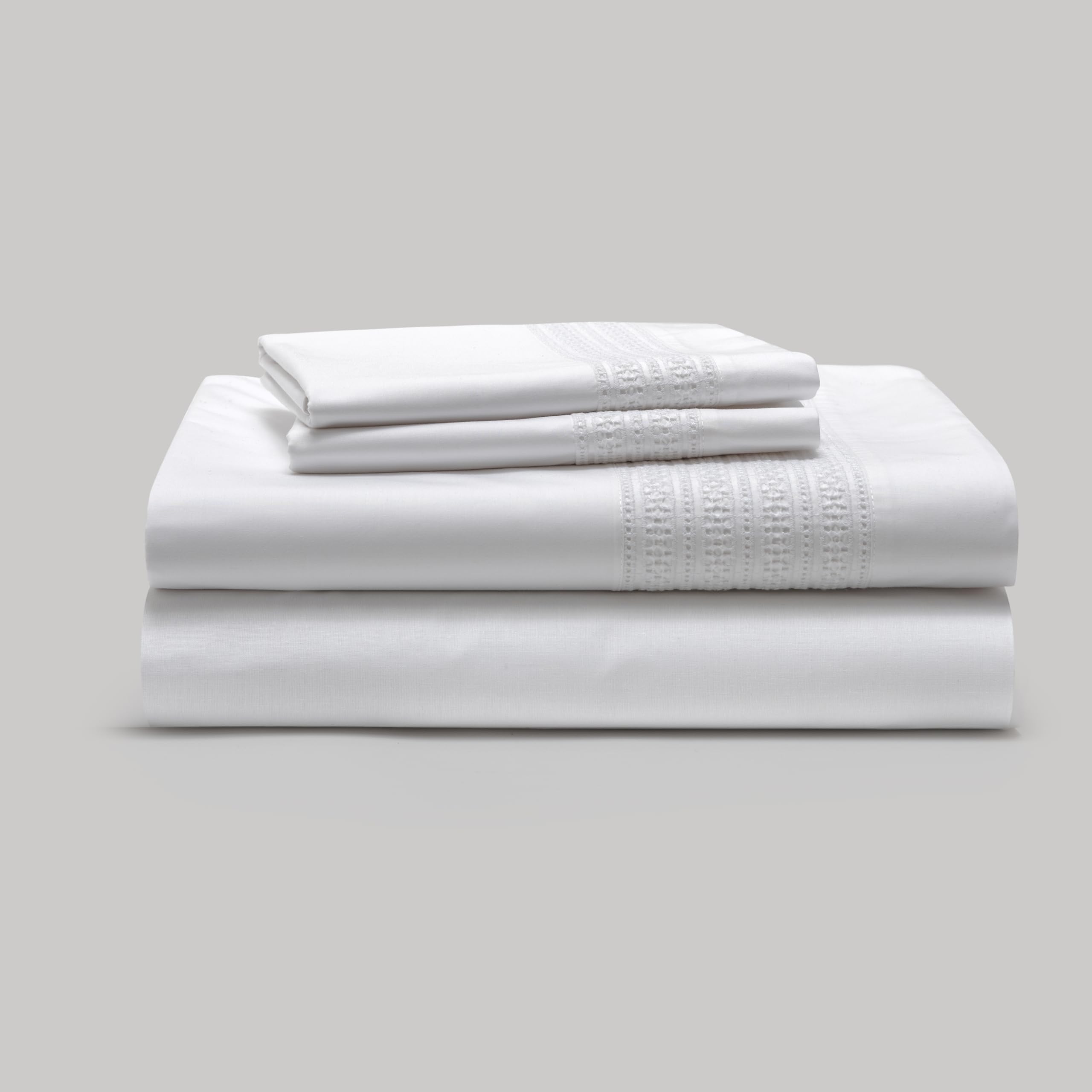 Juego de Sábanas Blancas con Bordado Inglés para Cama de 150 - Sábanas 100% Algodón de 200 Hilos Cole - Sábana Encimera, Sábana Bajera Ajustable y Funda de Almohada