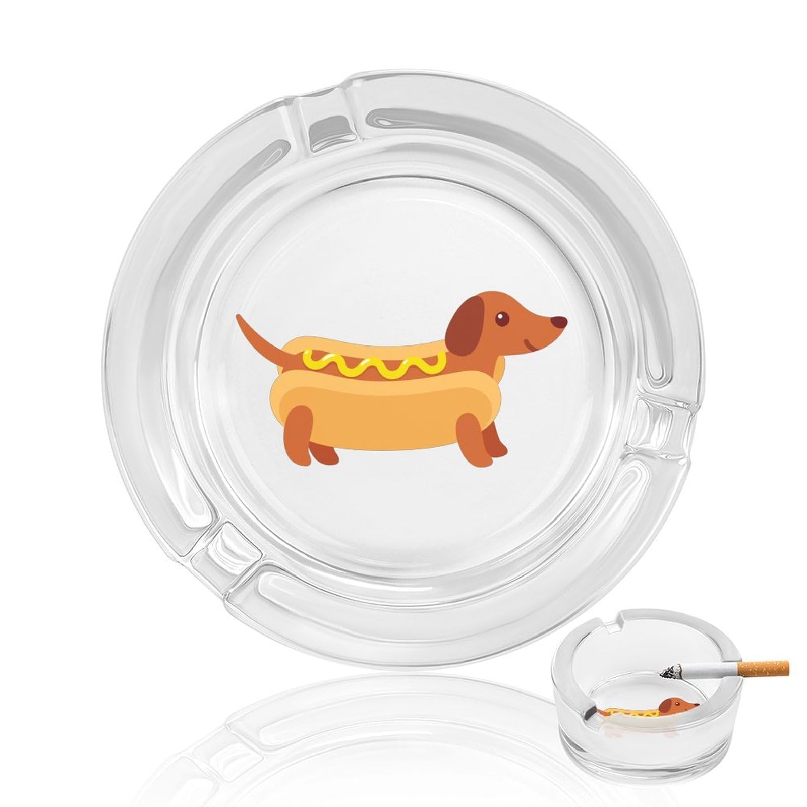 Dachshund in Hot Dog Bun with Mustard Ashtray Portable Round Glass Outdoor Ash Tray for Home Office Garden Pub