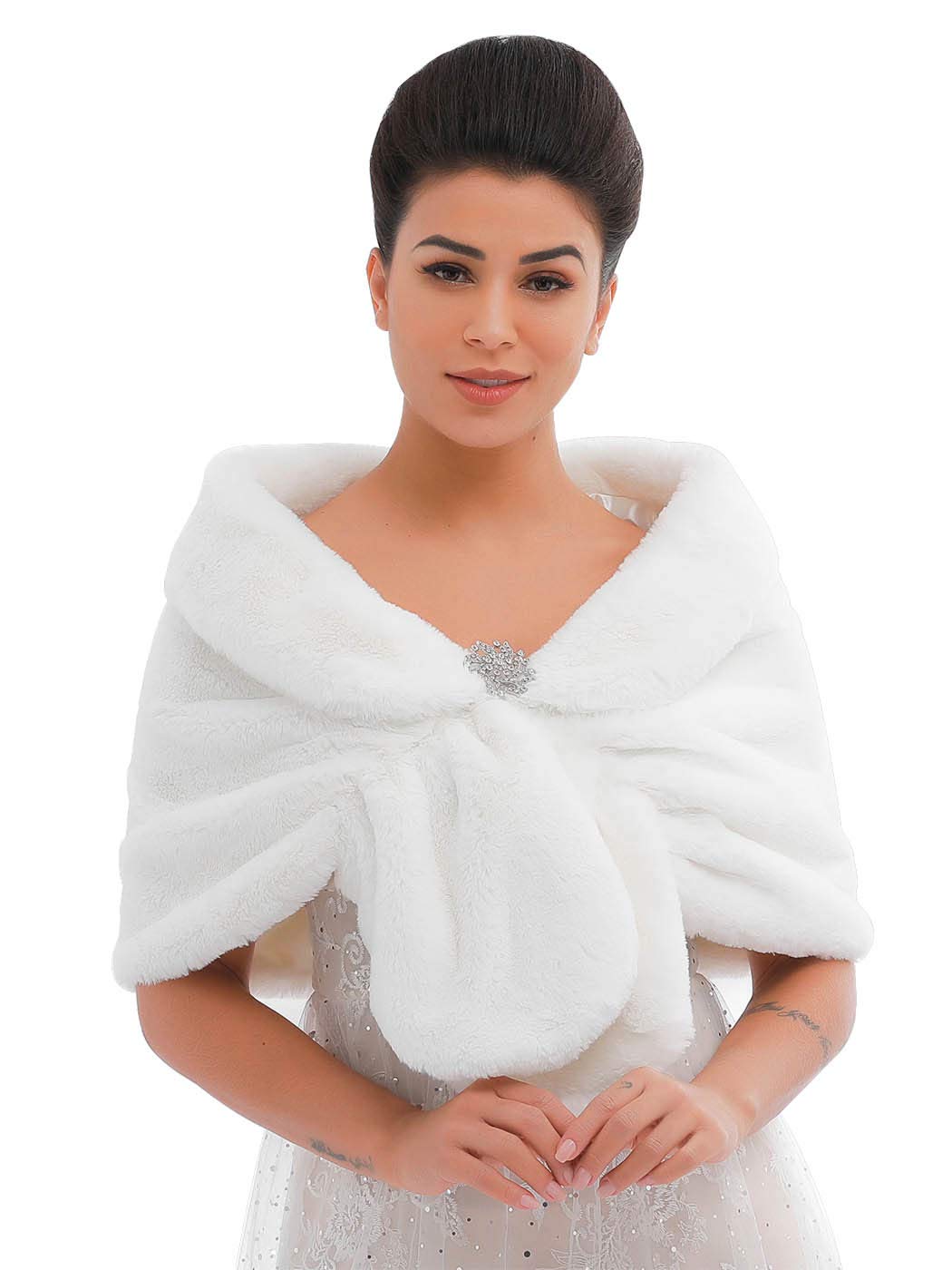 EARENTWomen's Faux Fur Shawls and Wraps Bride Wedding Sleeveless 1920s Fur Scarfs Bridal Fur Stoles with Brooch Winter Fur Caplet for Brides and Bridesmaids (White), A-white, M