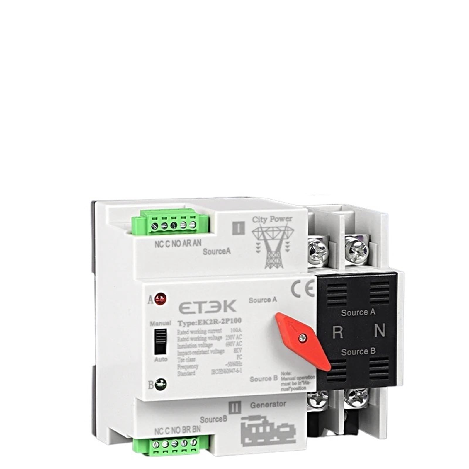 Interruttore di trasferimento automatico a doppia alimentazione 220 V 2P 4P Guida Din ATS City Grid for alimentatore generatore e inverter EK2R(Compatible,100A)